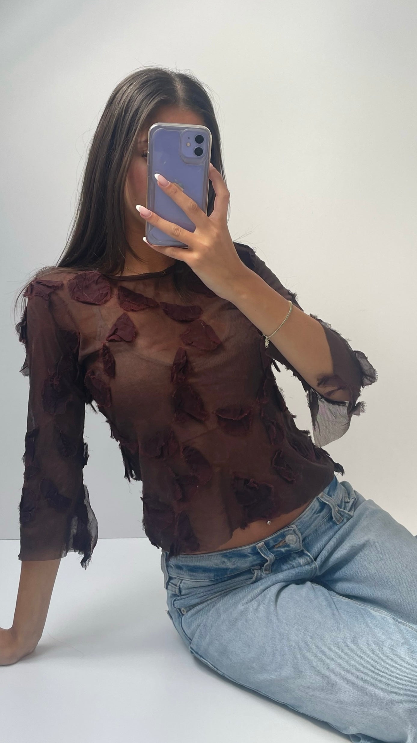 00s burgundy petal textured mesh top- size M