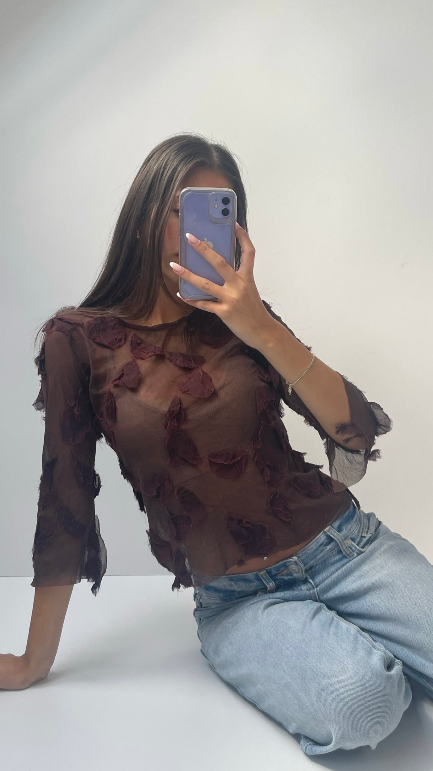 00s burgundy petal textured mesh top- size M