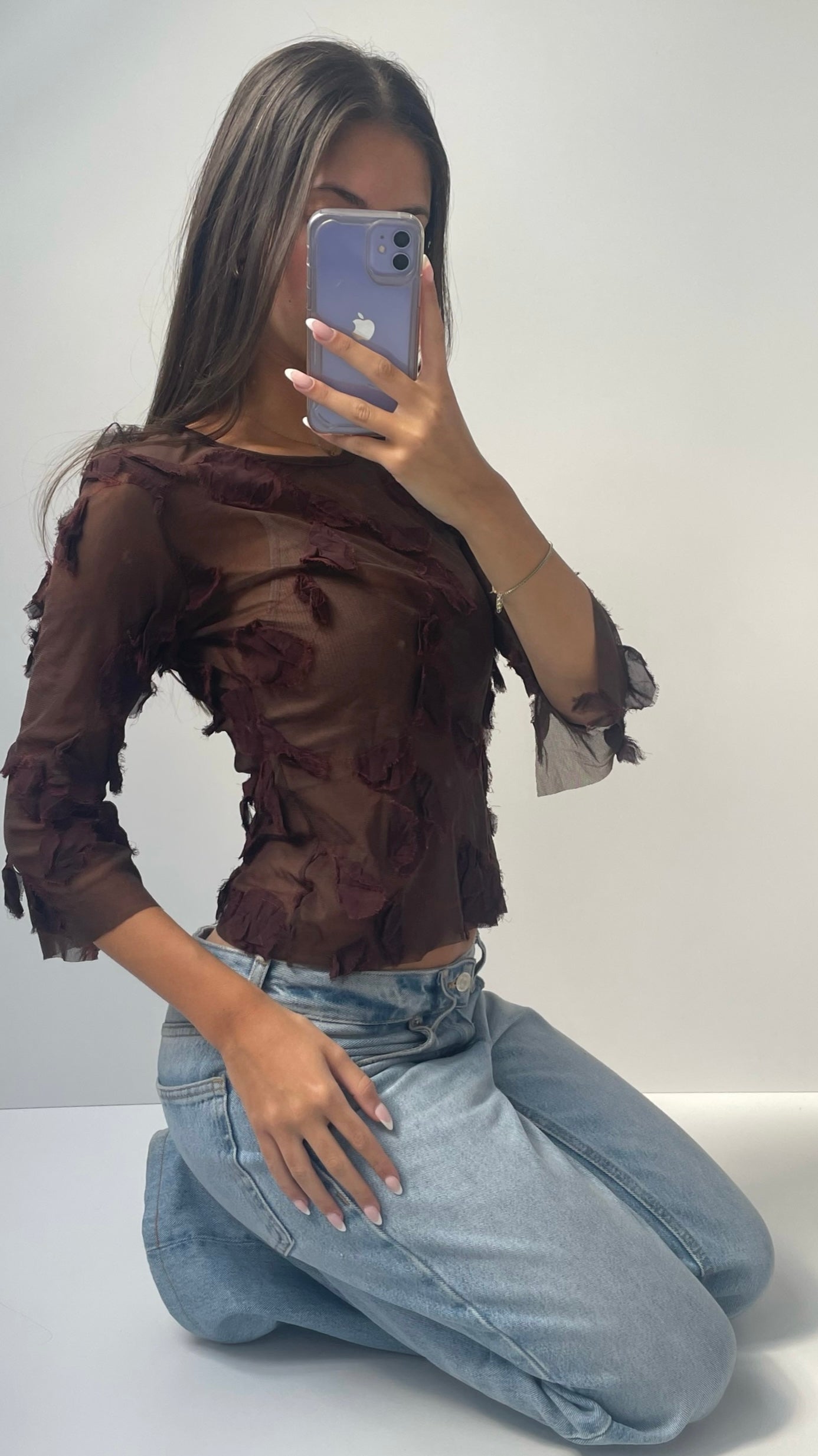 00s burgundy petal textured mesh top- size M