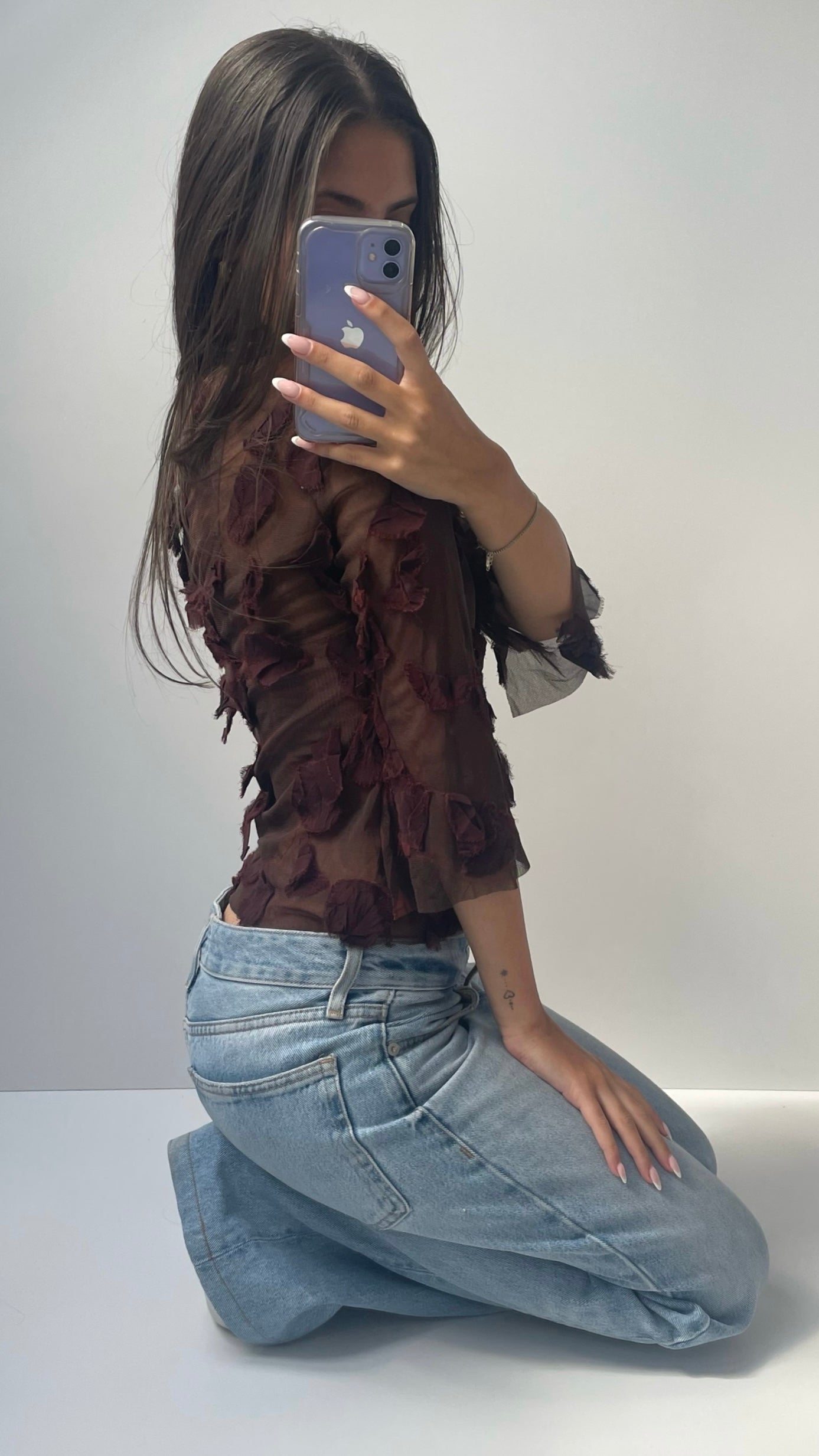 00s burgundy petal textured mesh top- size M