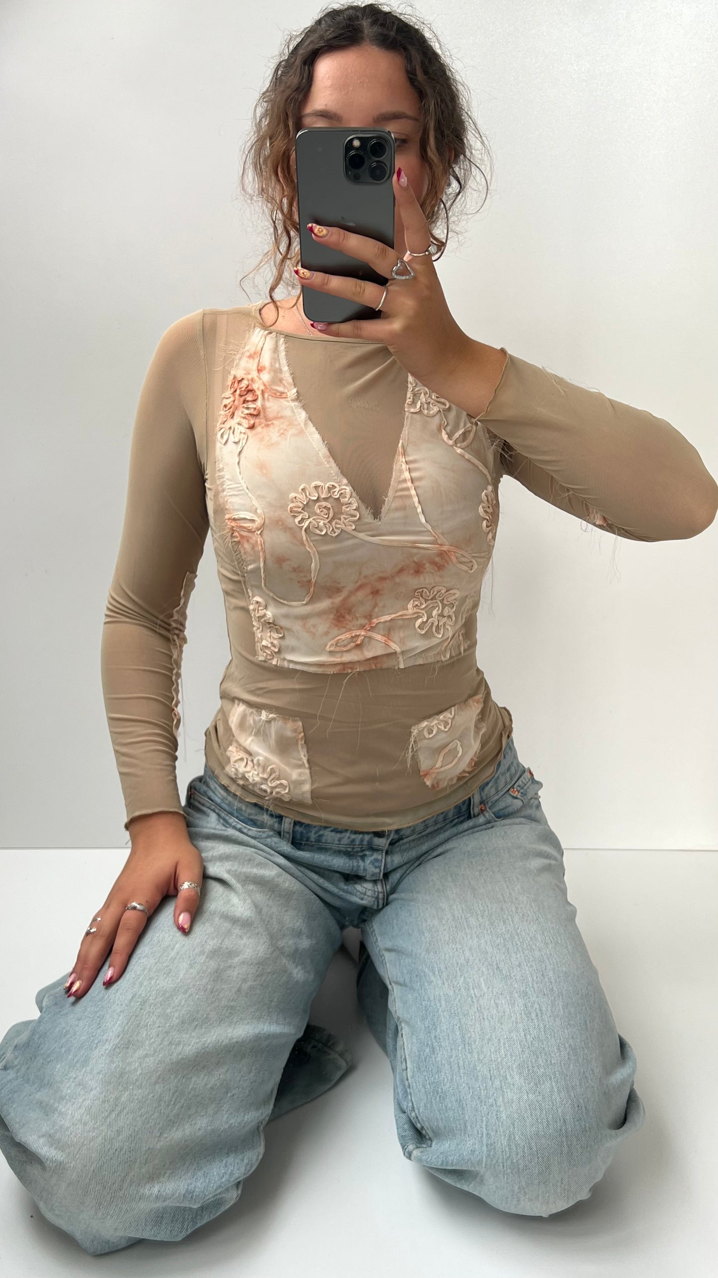 00s cream patchwork mesh long sleeve top- size S