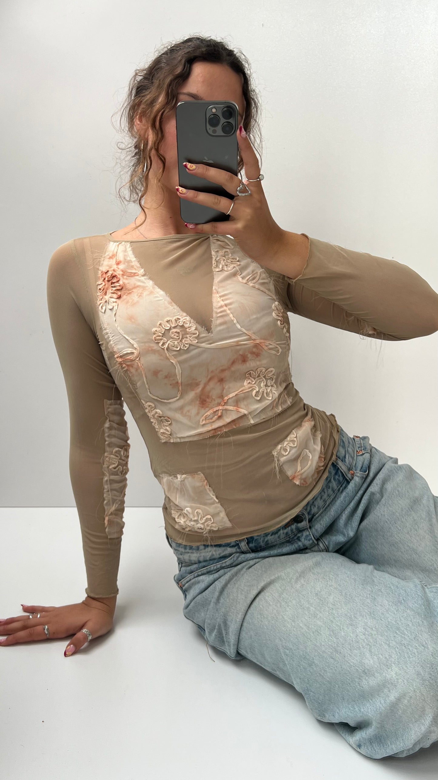 00s cream patchwork mesh long sleeve top- size S