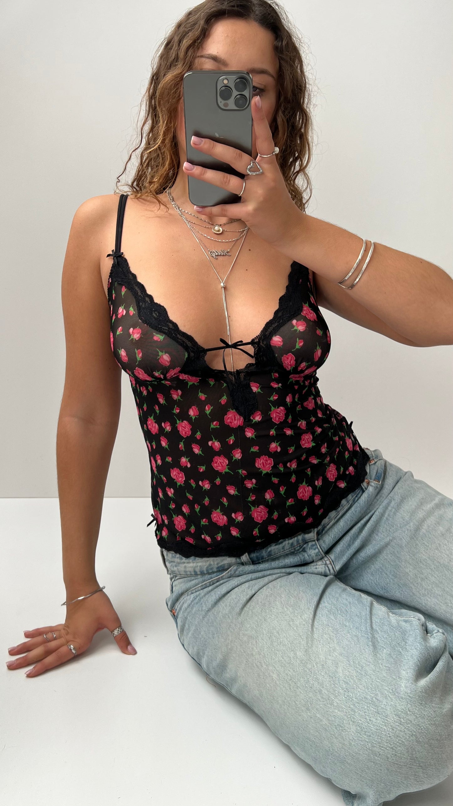 00s black mesh floral cami- size M