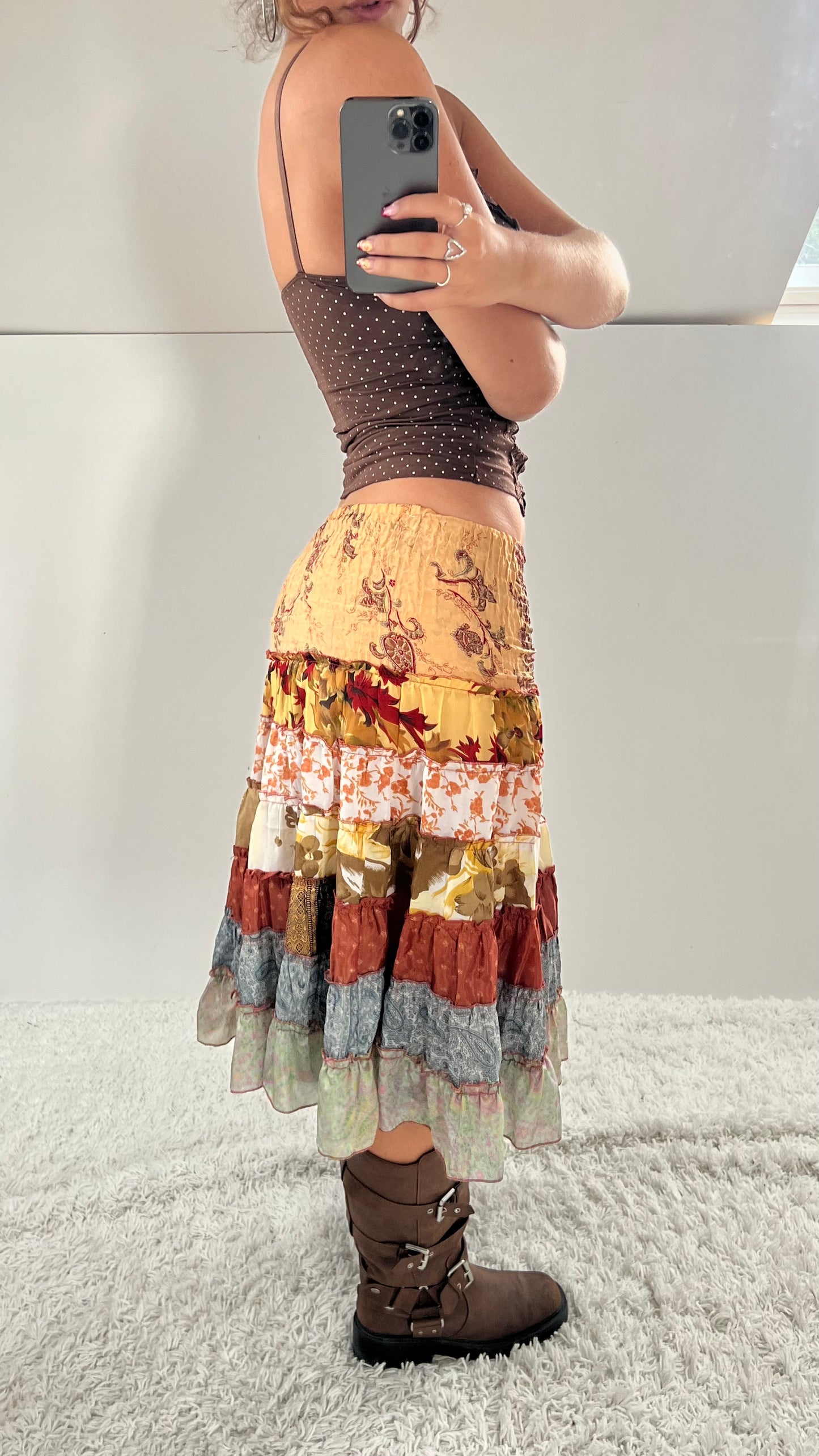 00s brown patchwork fairy midi skirt- size S