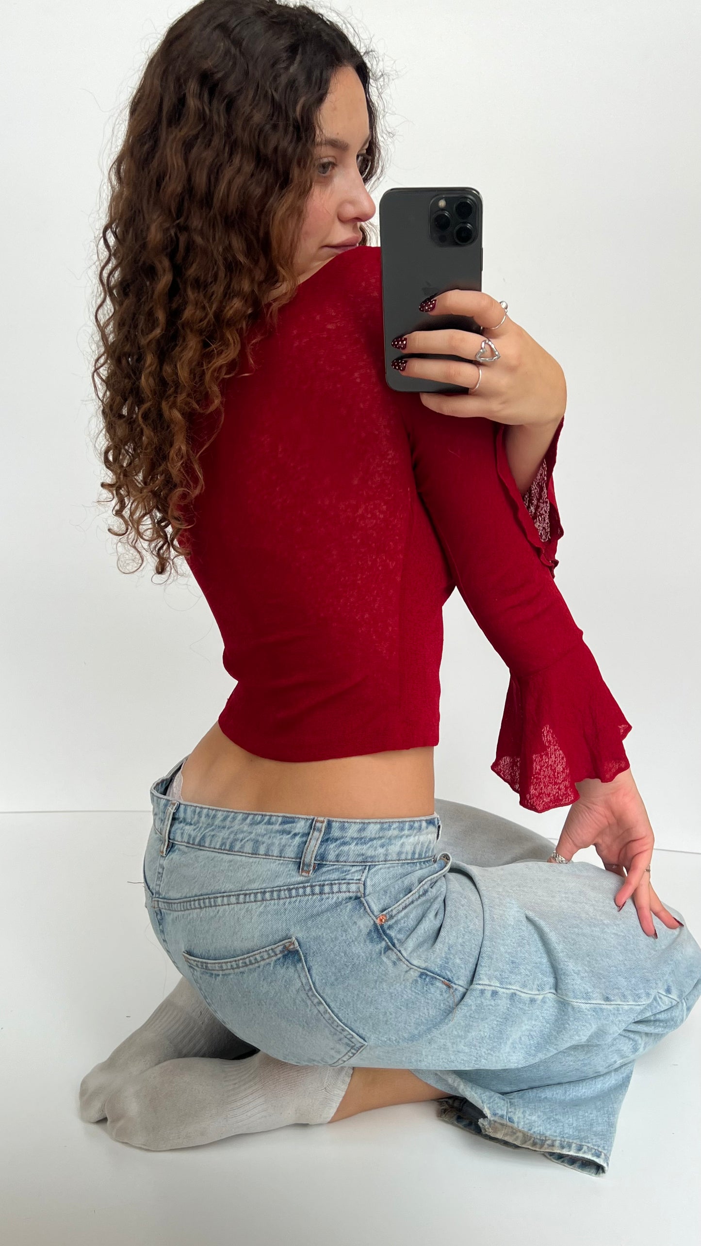 00s red mesh long sleeve top- size S