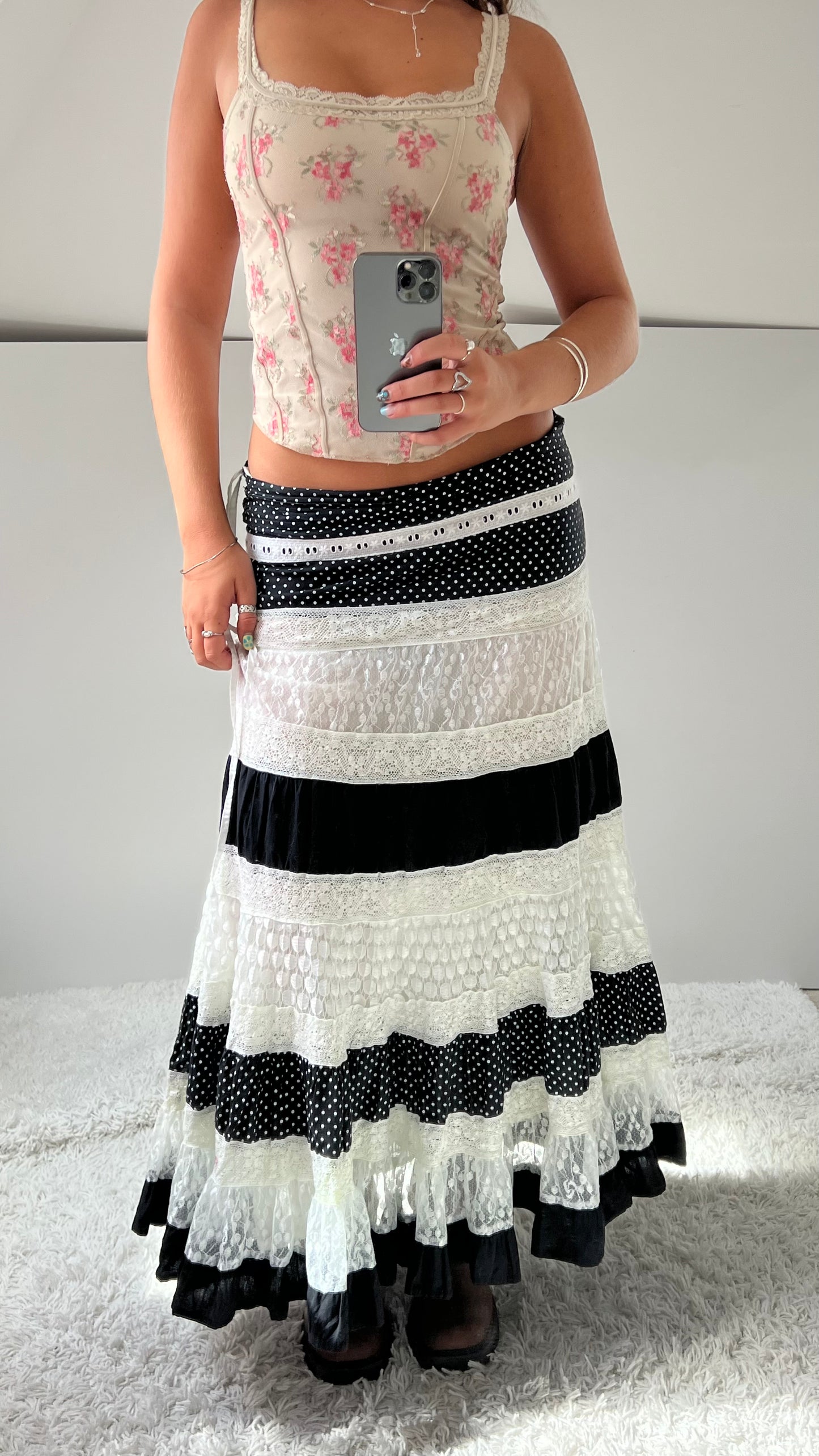 00s black lace polka maxi skirt- size S/M