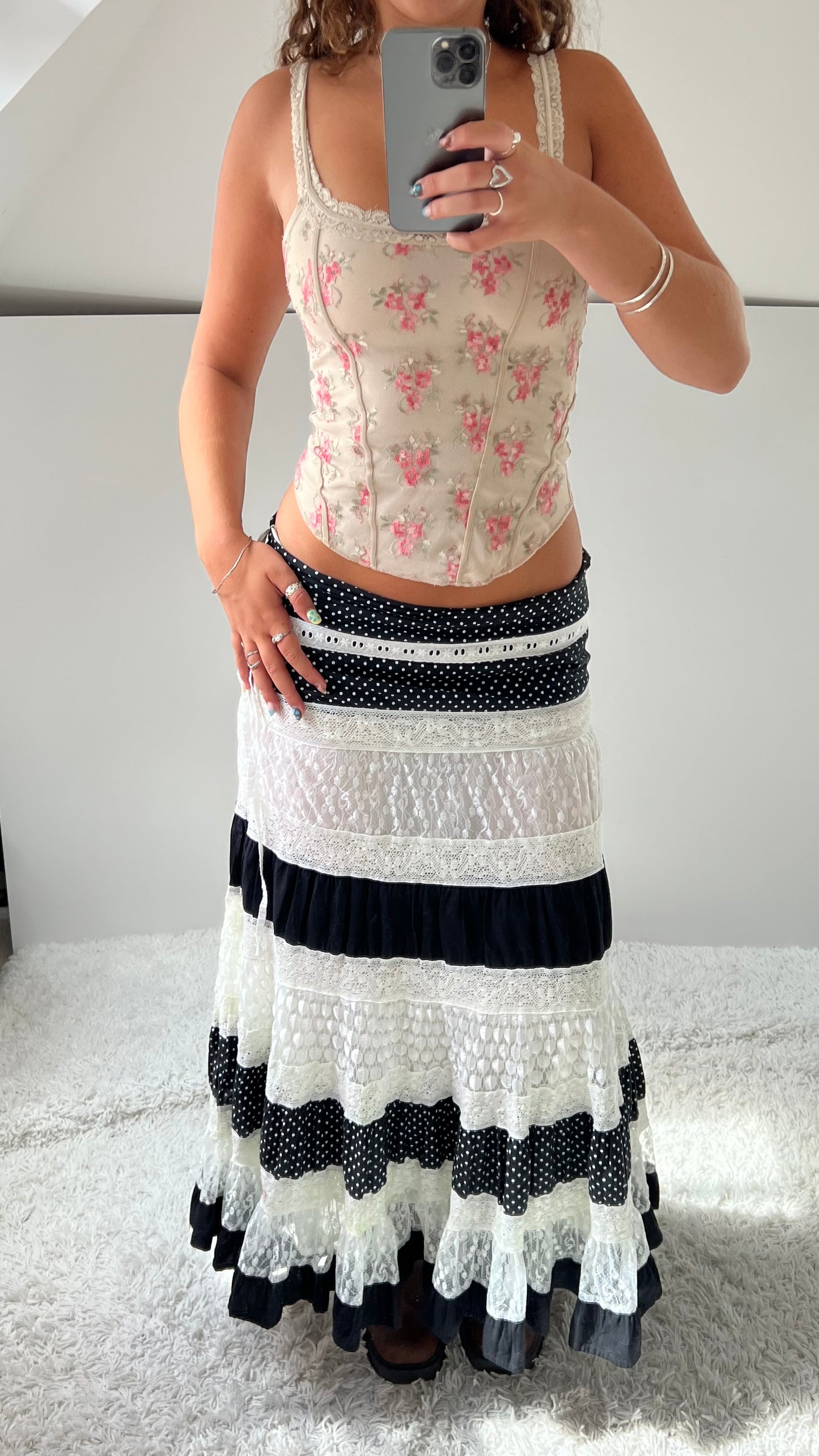 00s black lace polka maxi skirt- size S/M