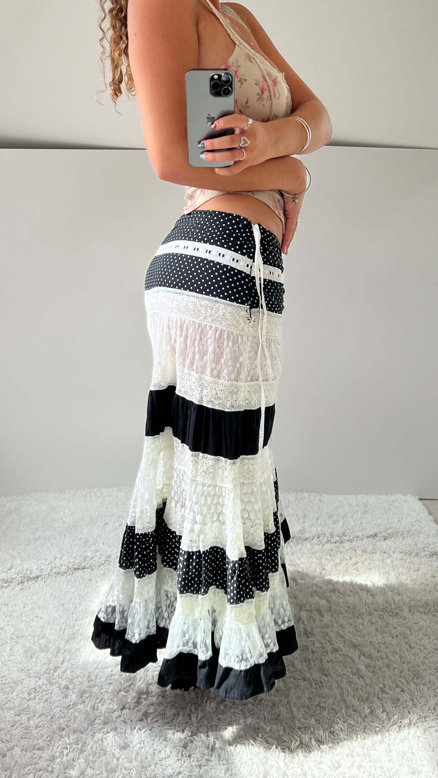 00s black lace polka maxi skirt- size S/M