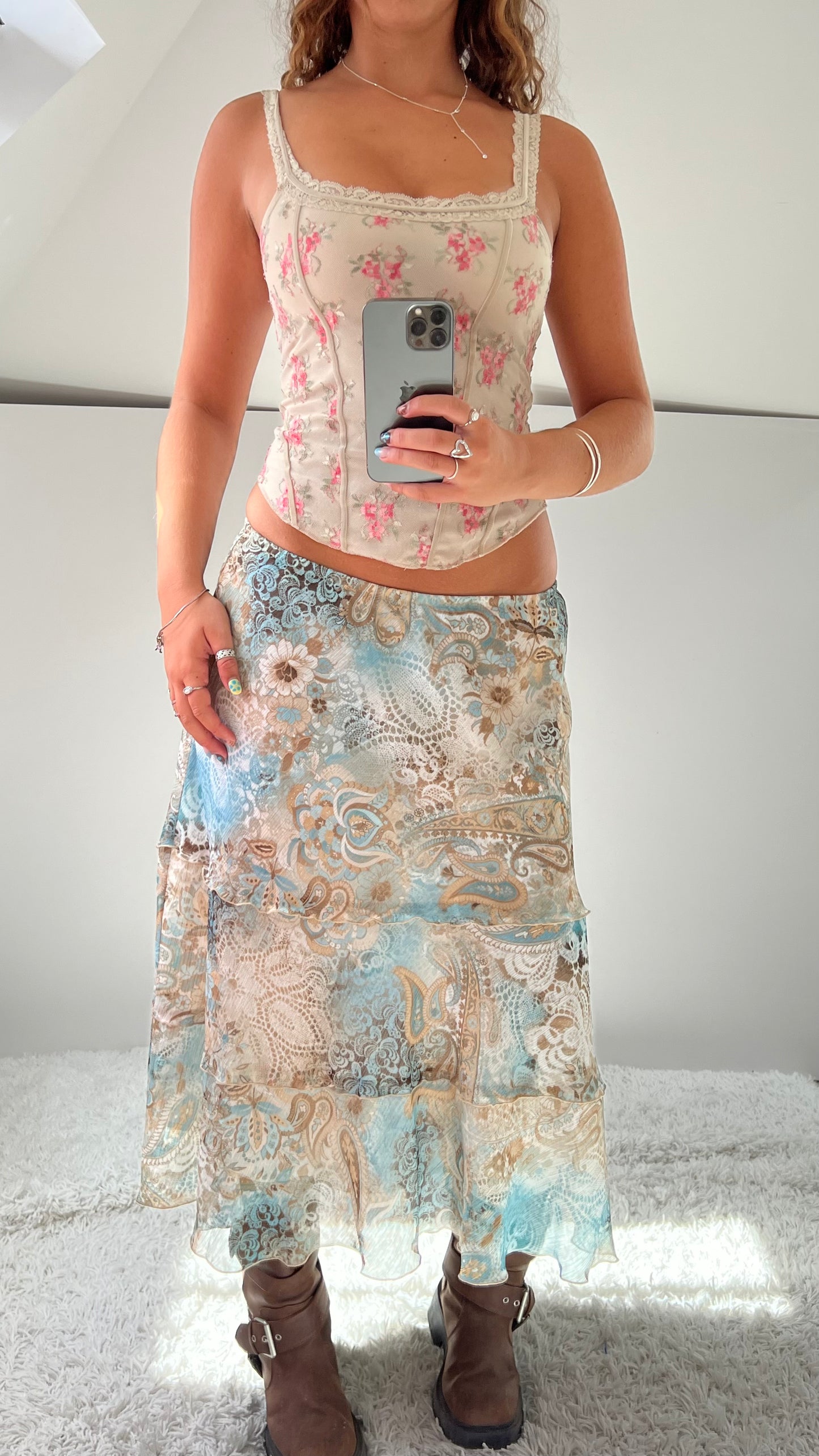 00s blue paisley mesh maxi skirt- size M