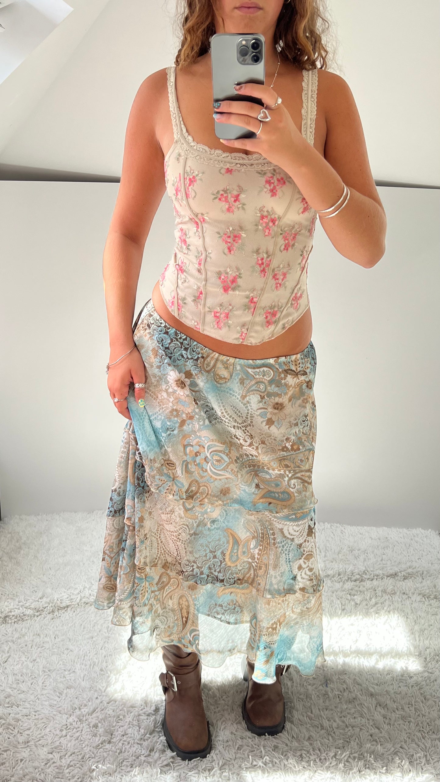 00s blue paisley mesh maxi skirt- size M