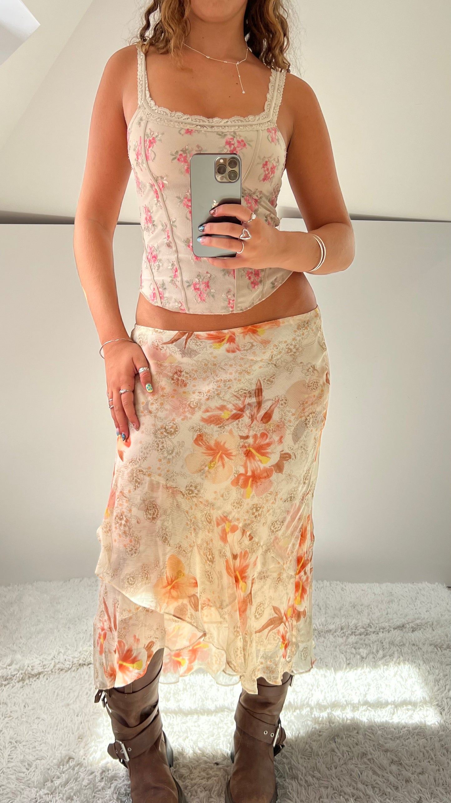 00s cream pink mesh midi skirt- size L