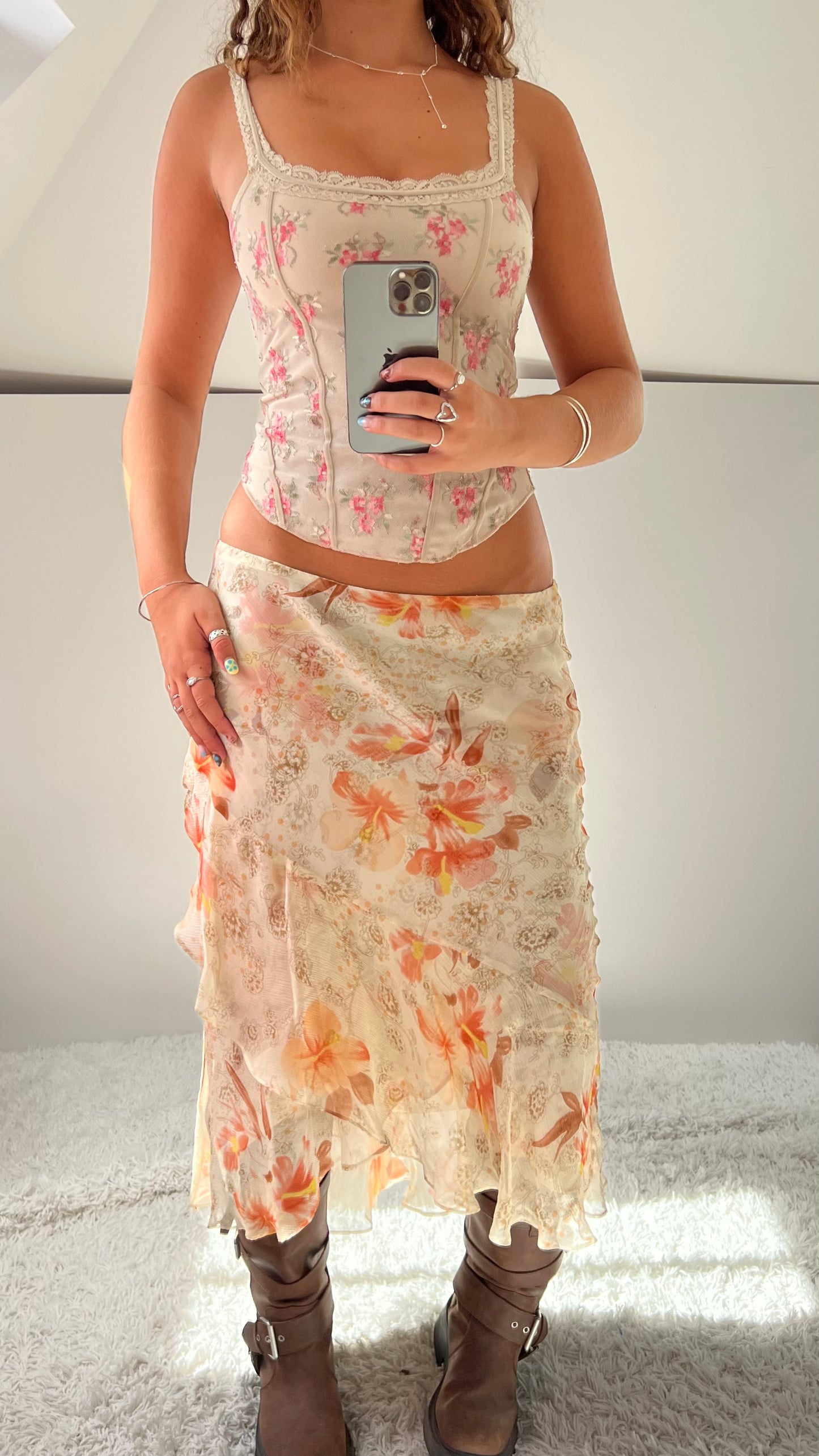 00s cream pink mesh midi skirt- size L