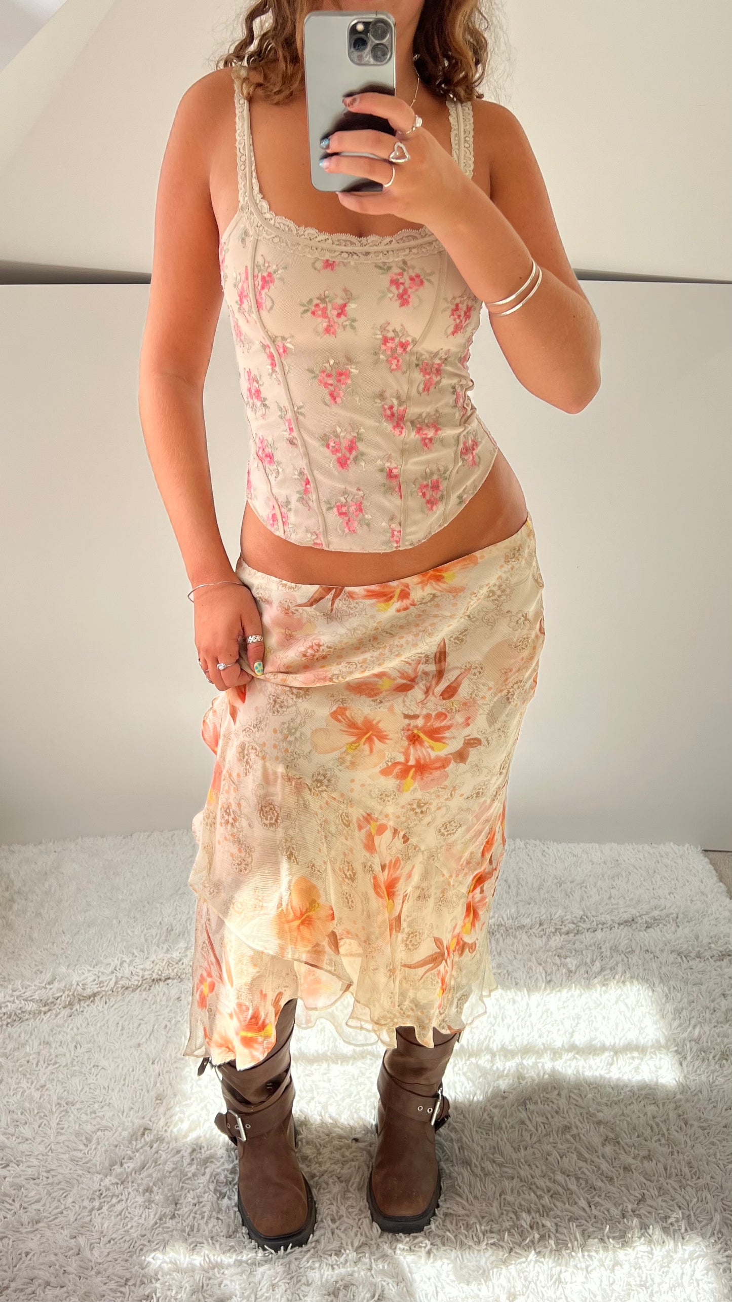 00s cream pink mesh midi skirt- size L