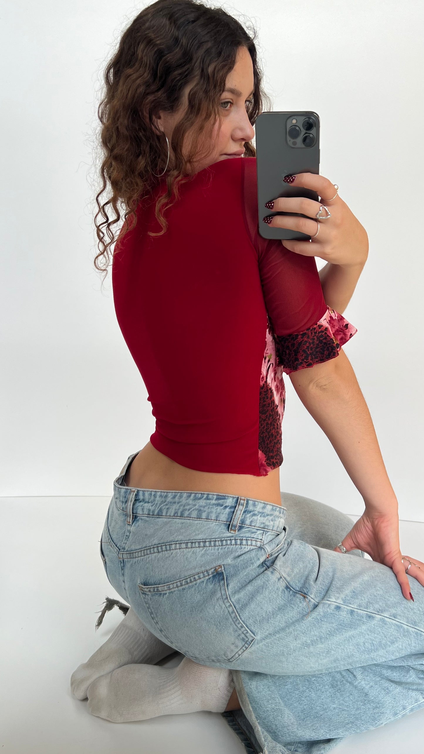 00s red floral long sleeve top- size XS