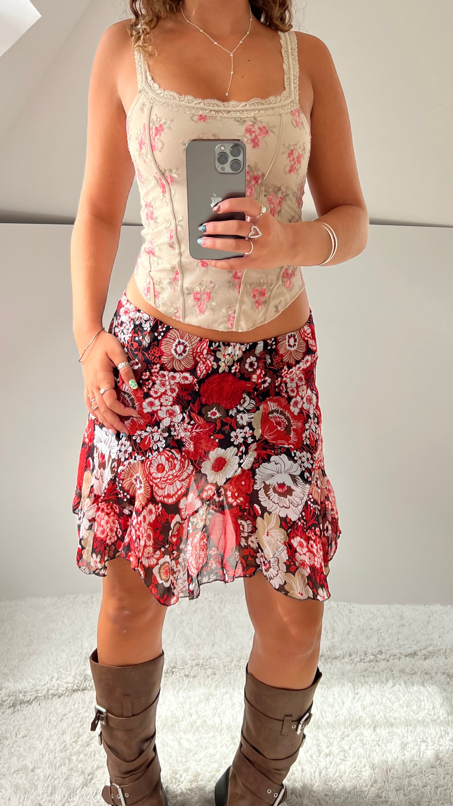 00s red floral mesh midi skirt- size S