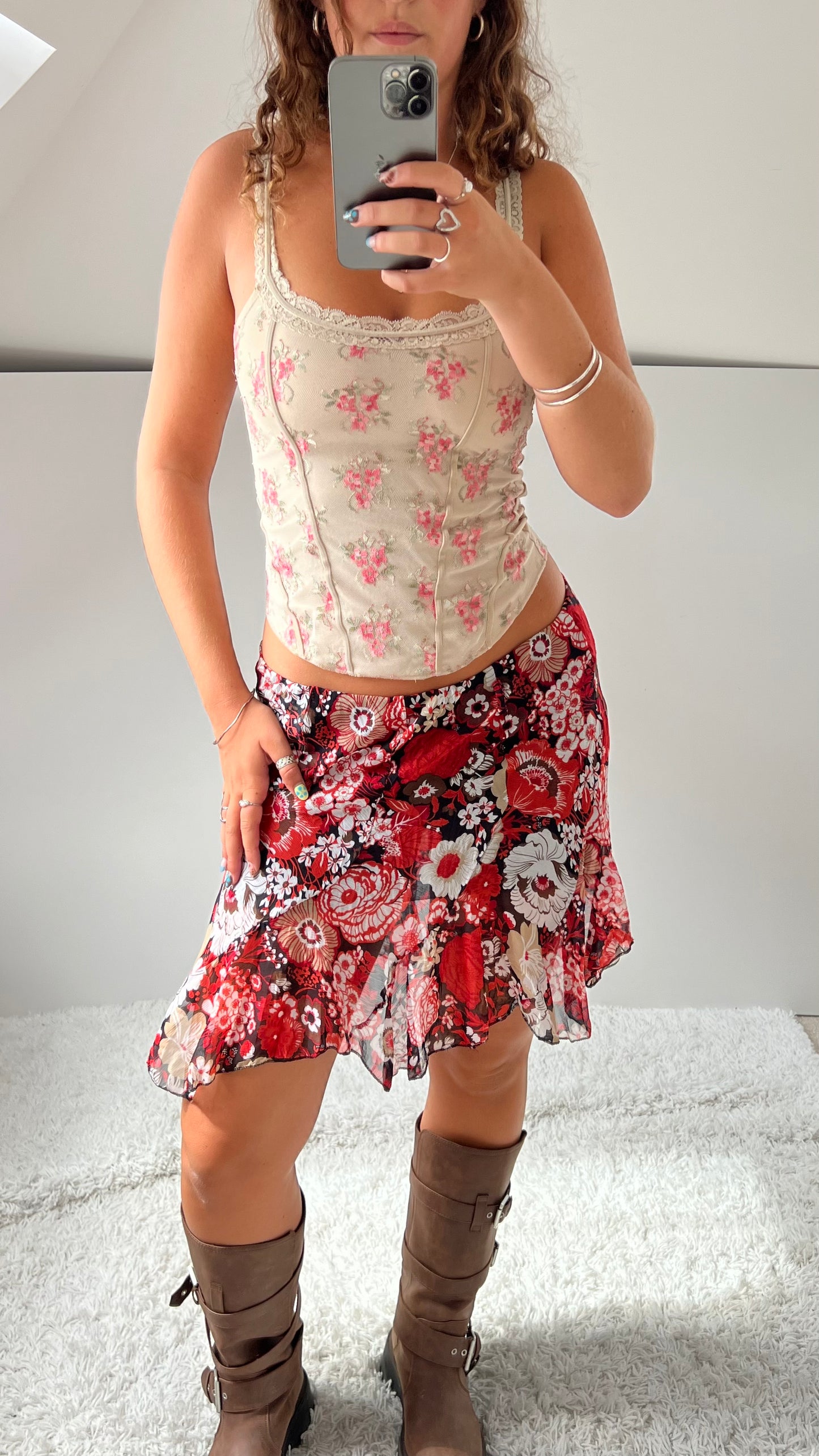 00s red floral mesh midi skirt- size S