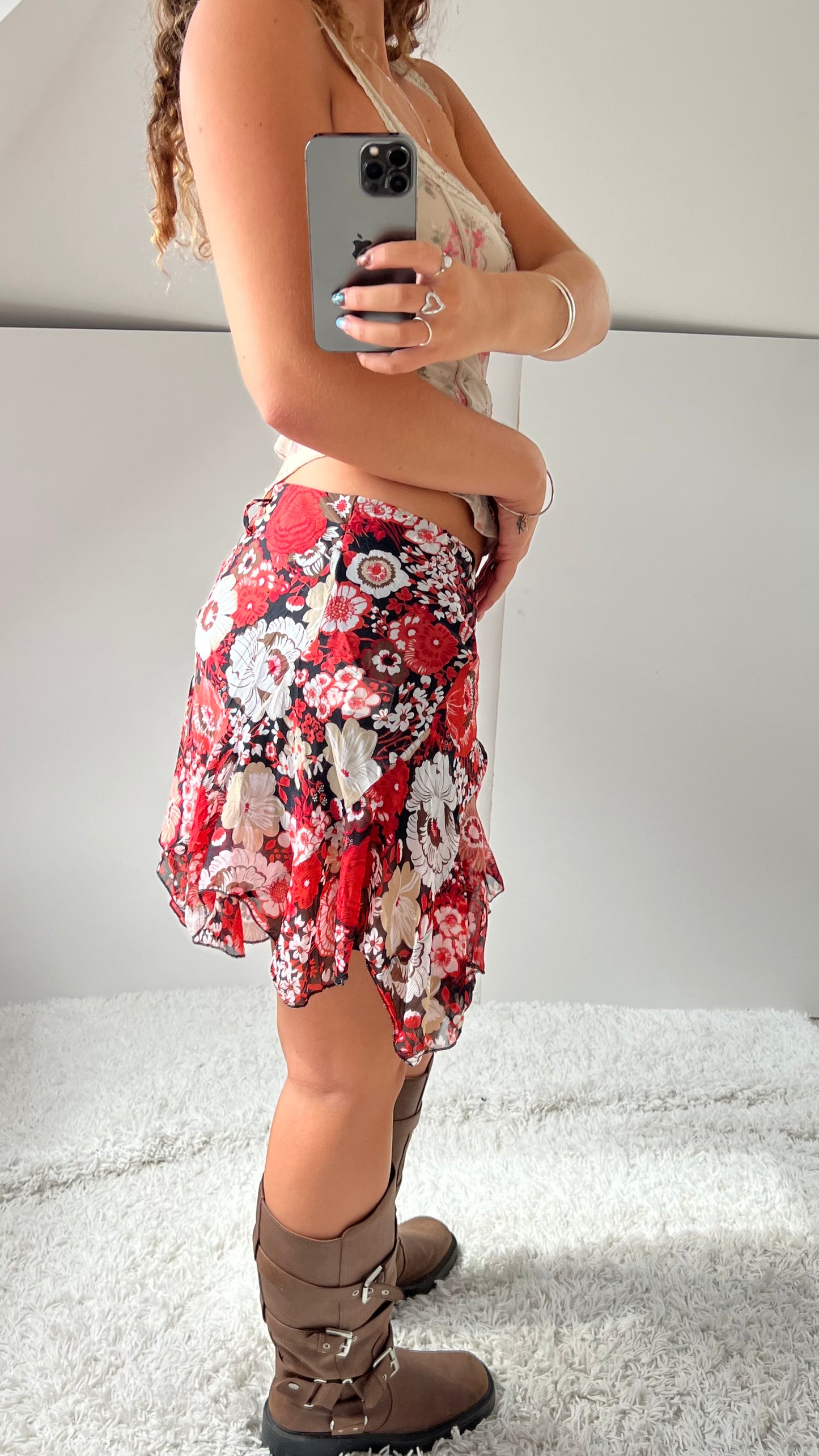 00s red floral mesh midi skirt- size S