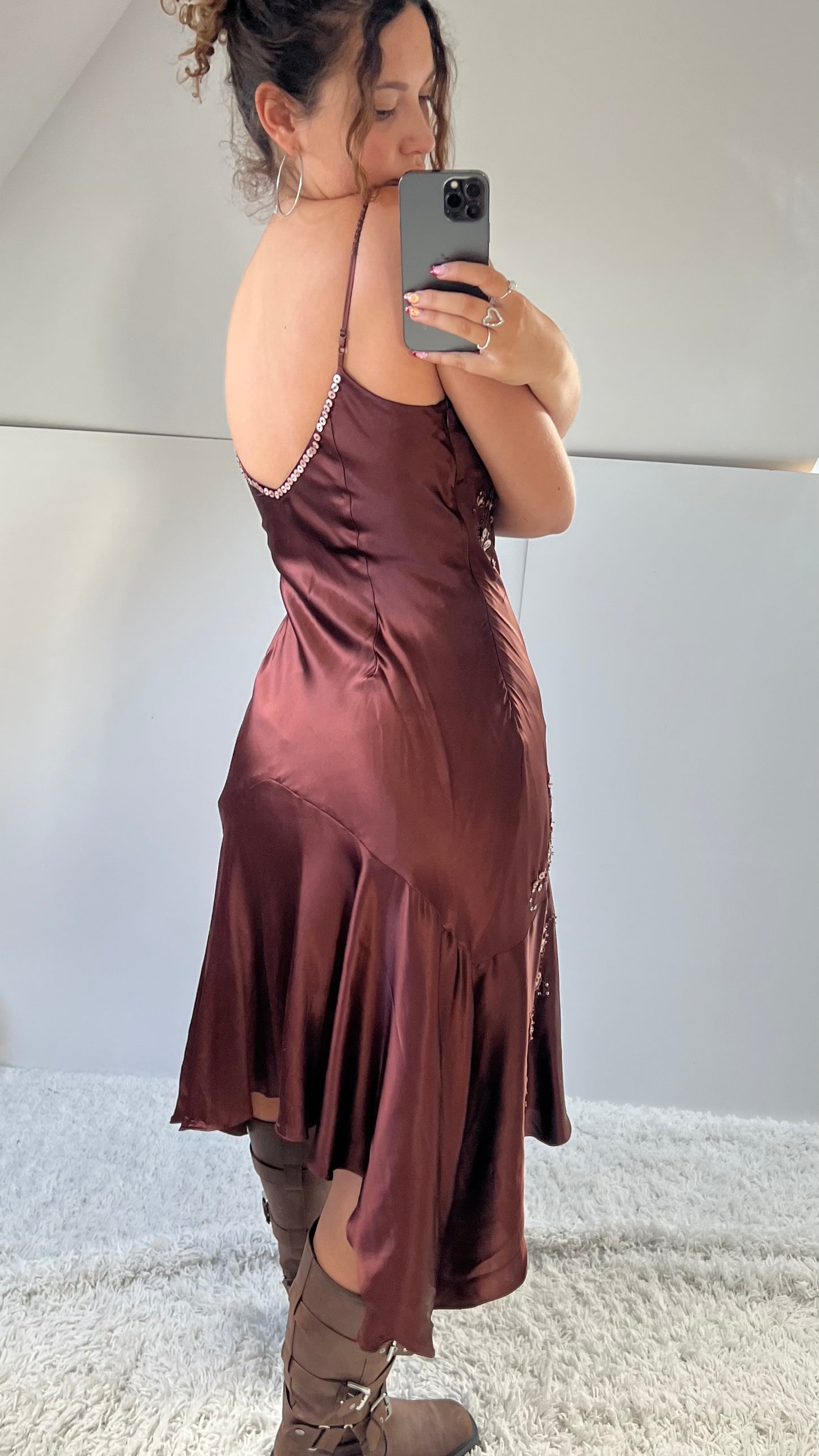00s brown beaded silk midi dress- size M/L