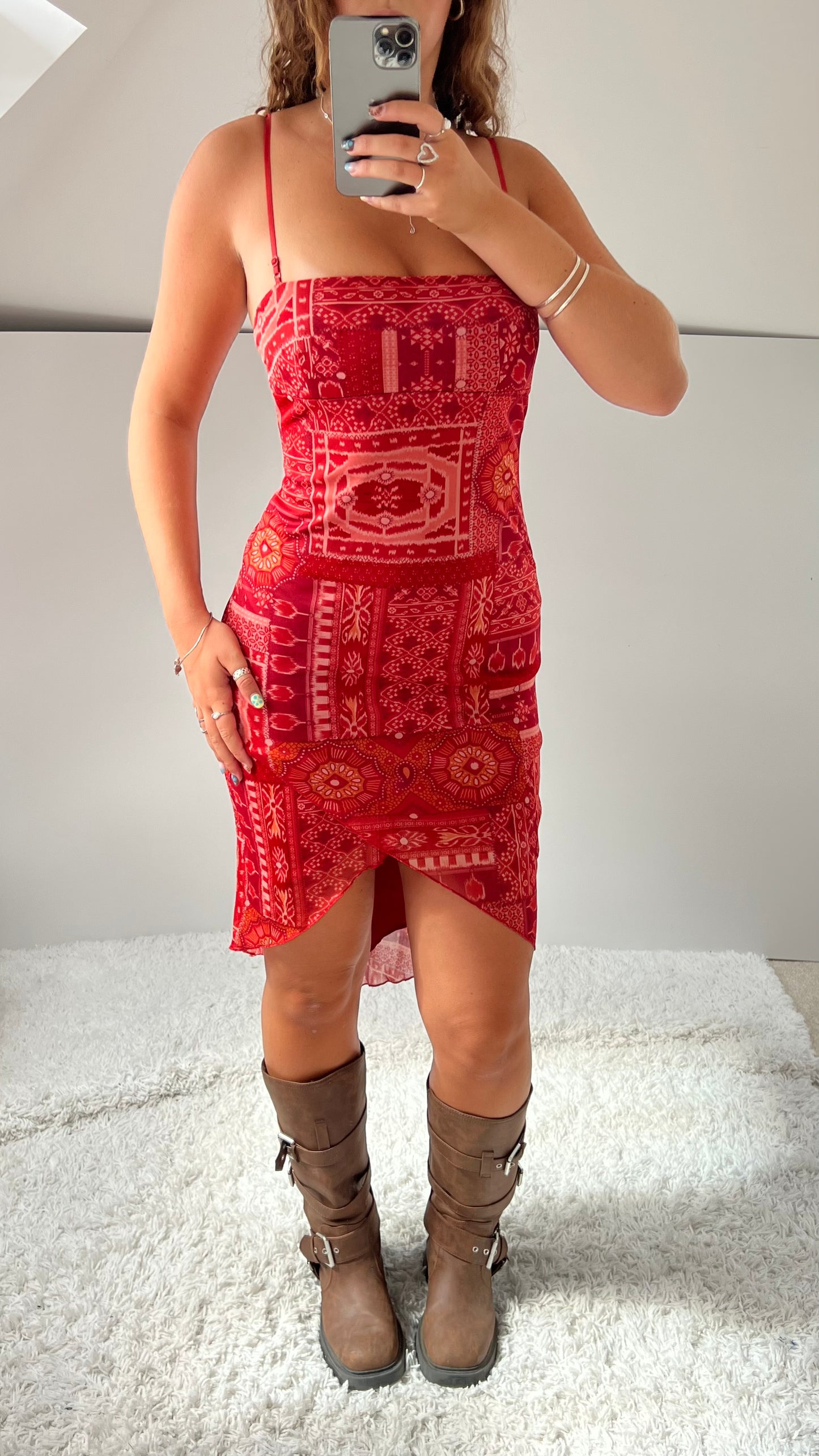 00s pink patchwork mesh dress- size S