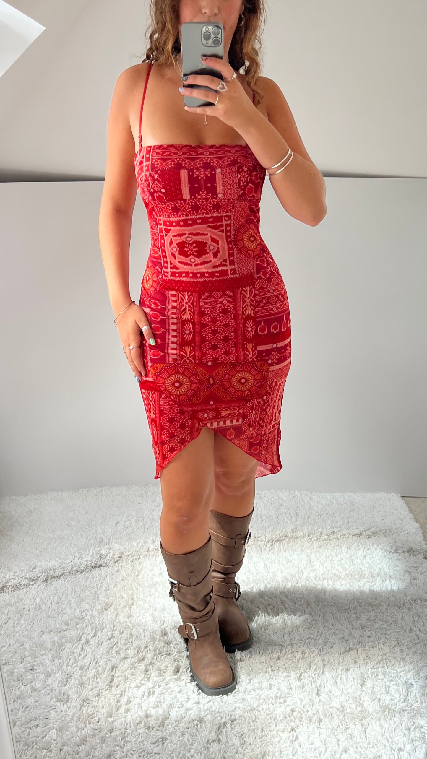 00s pink patchwork mesh dress- size S