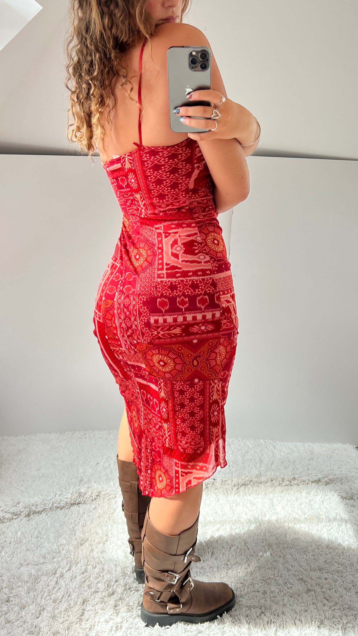 00s pink patchwork mesh dress- size S
