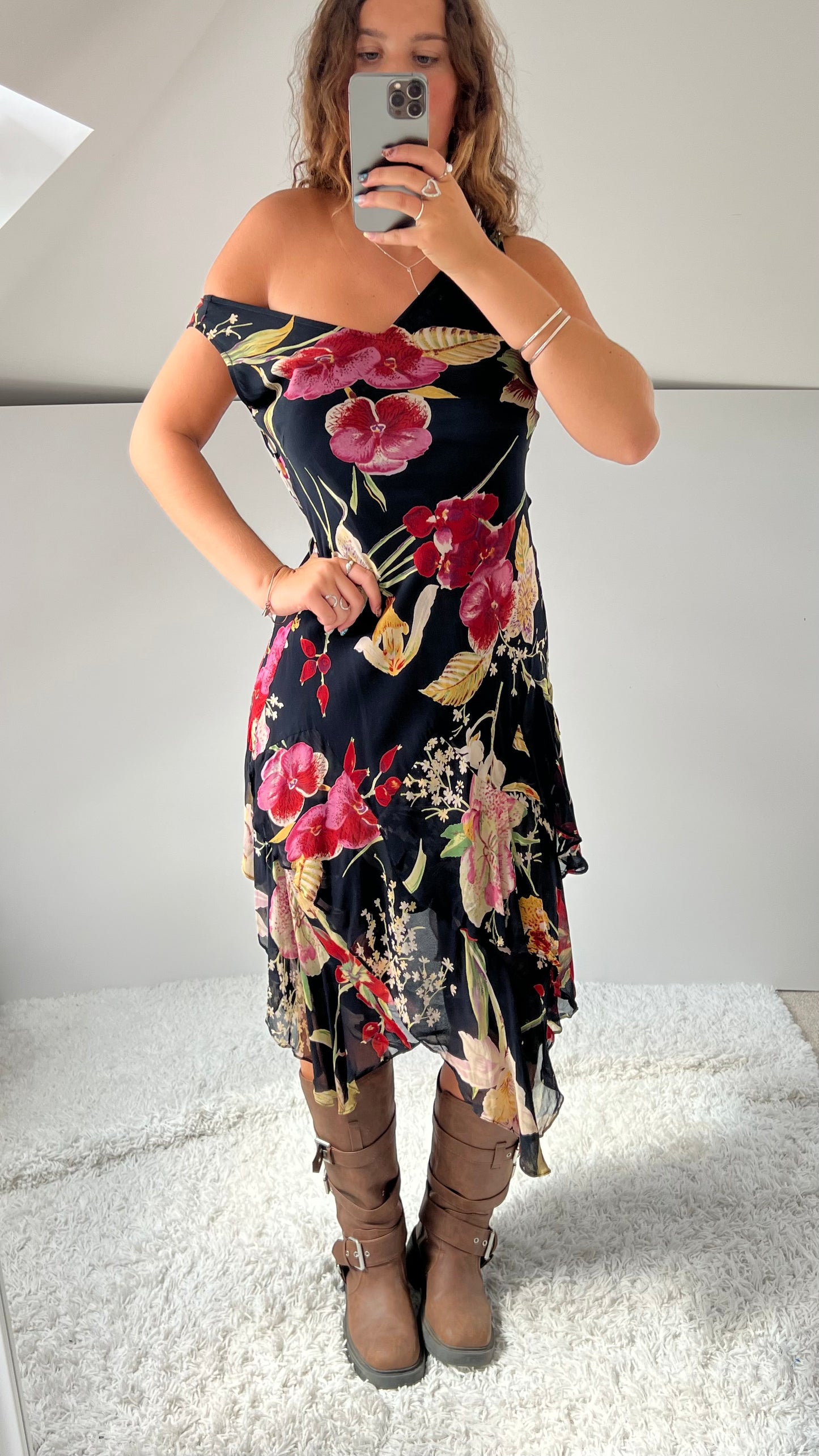 00s black mesh floral midi dress- size M