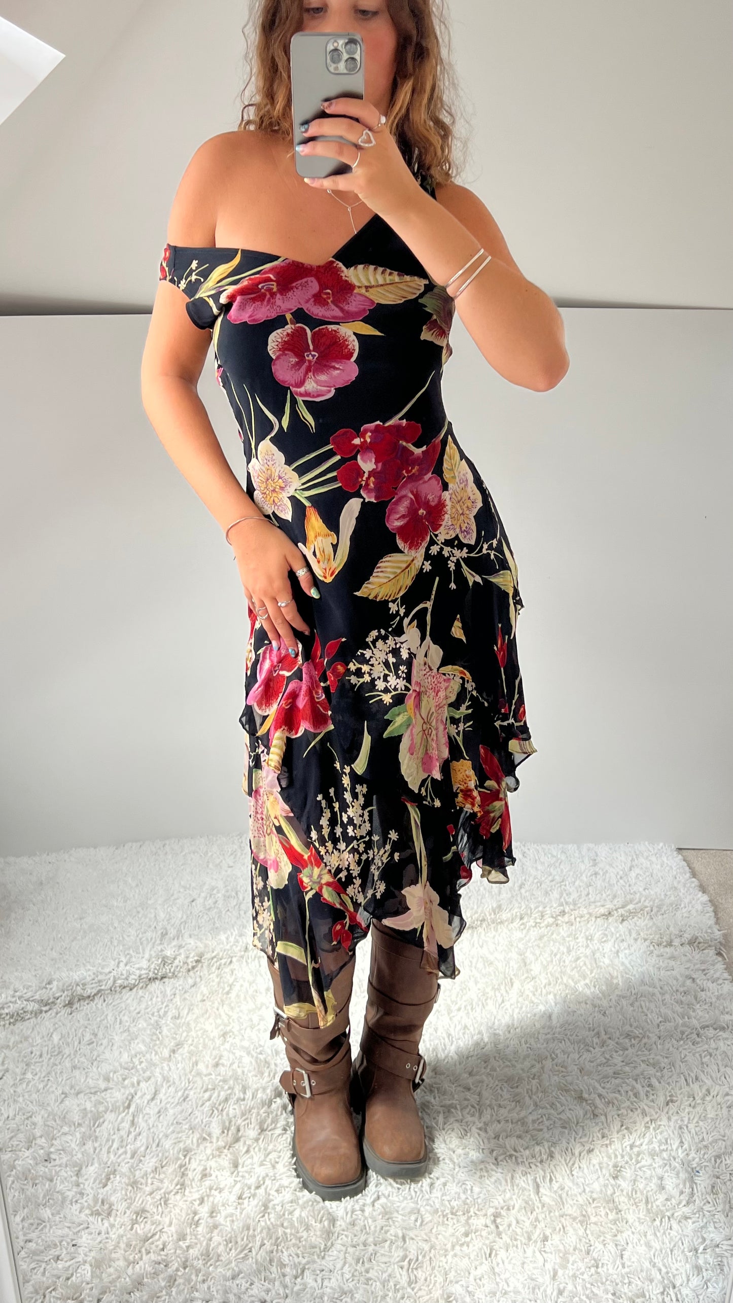 00s black mesh floral midi dress- size M