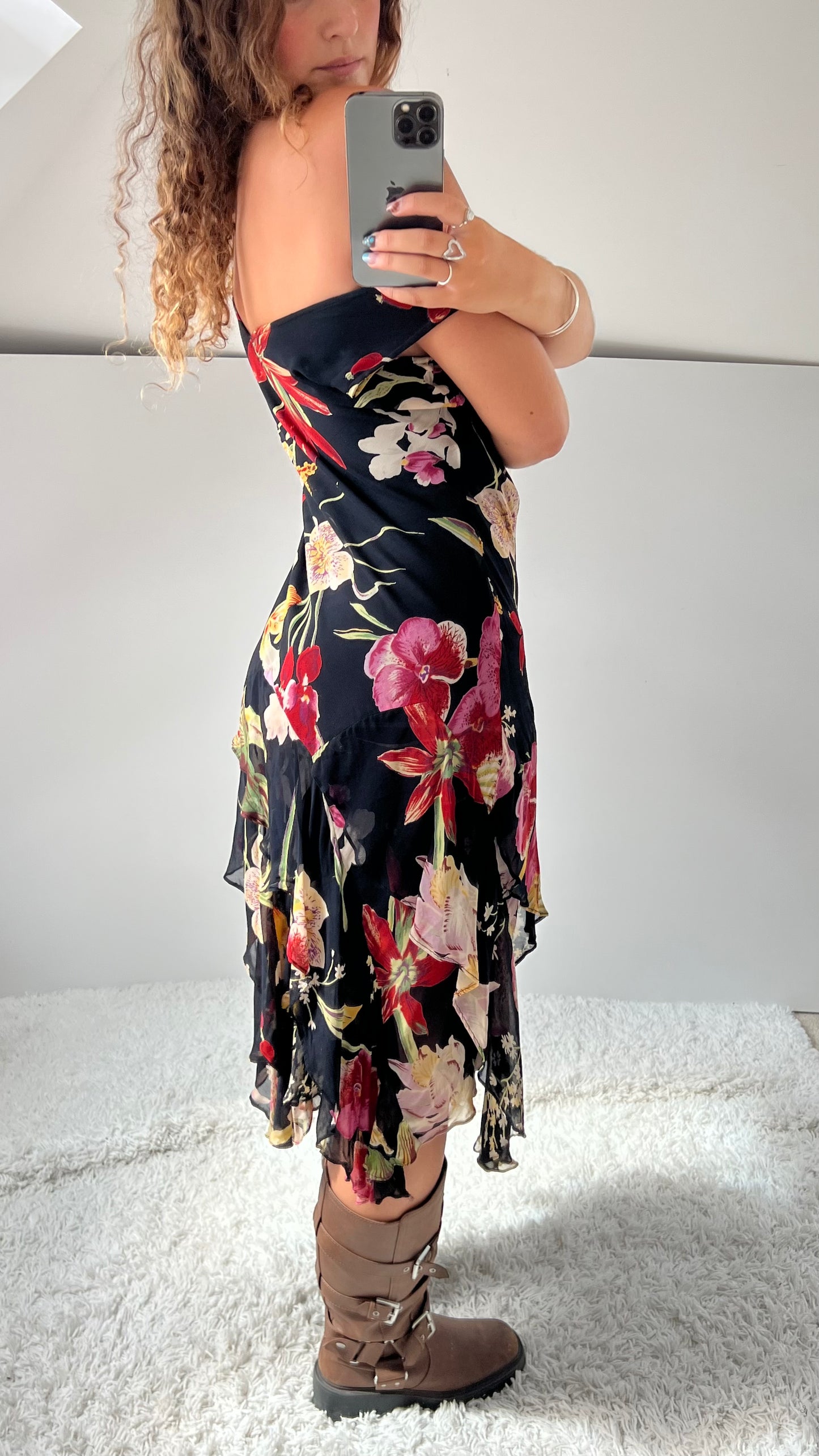 00s black mesh floral midi dress- size M