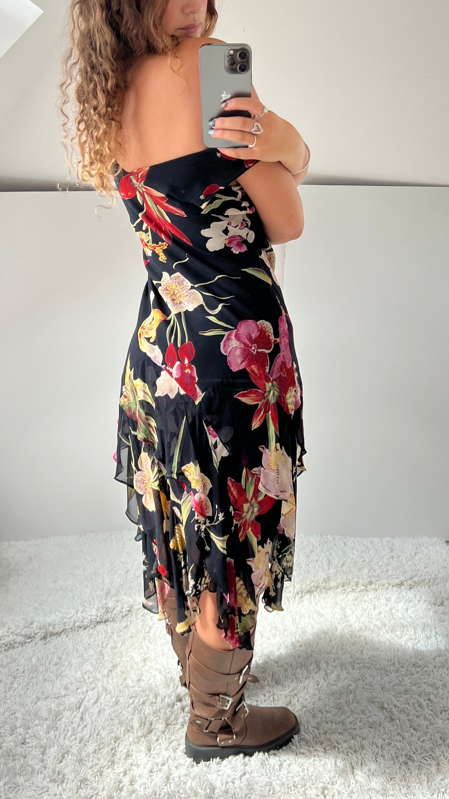 00s black mesh floral midi dress- size M