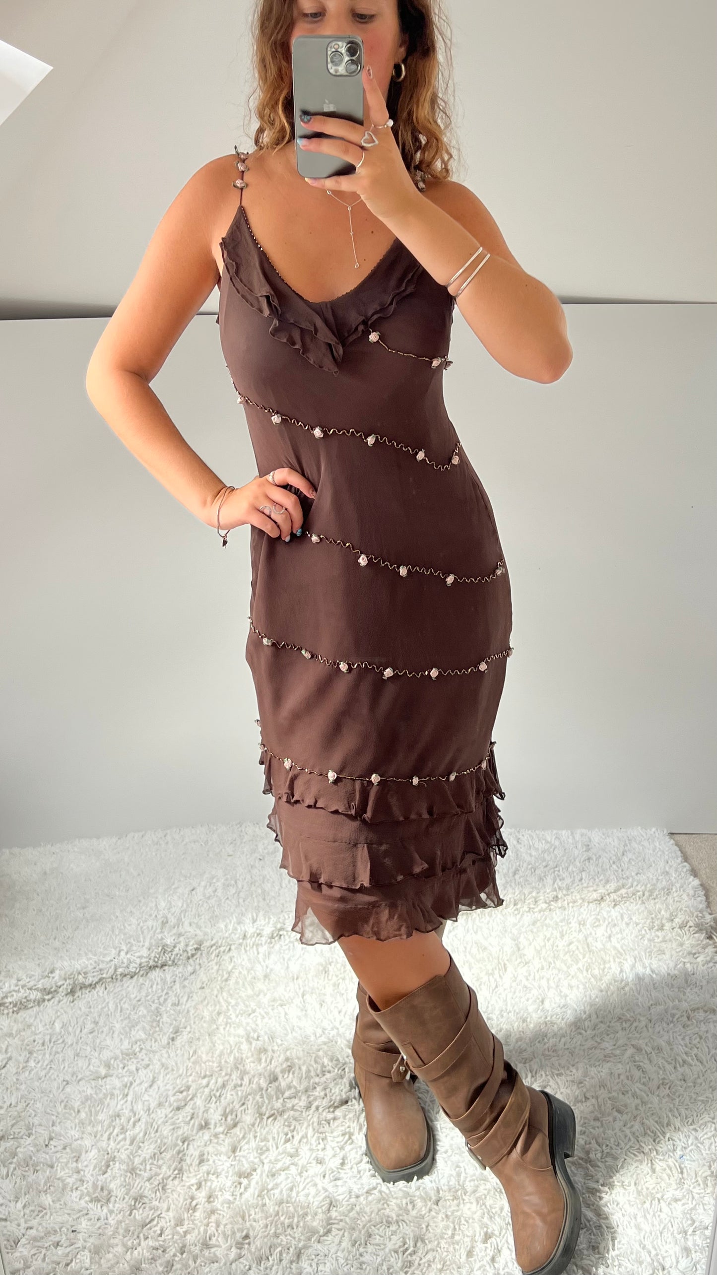 00s brown mesh sequin flower midi dress- size L