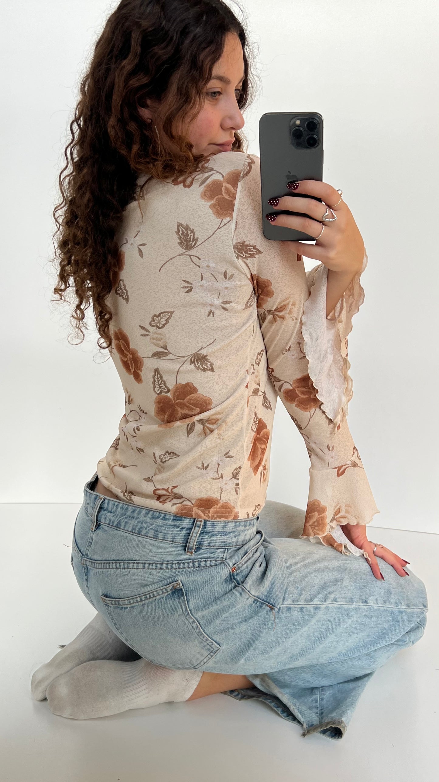 00s floral mesh long sleeve top- size L