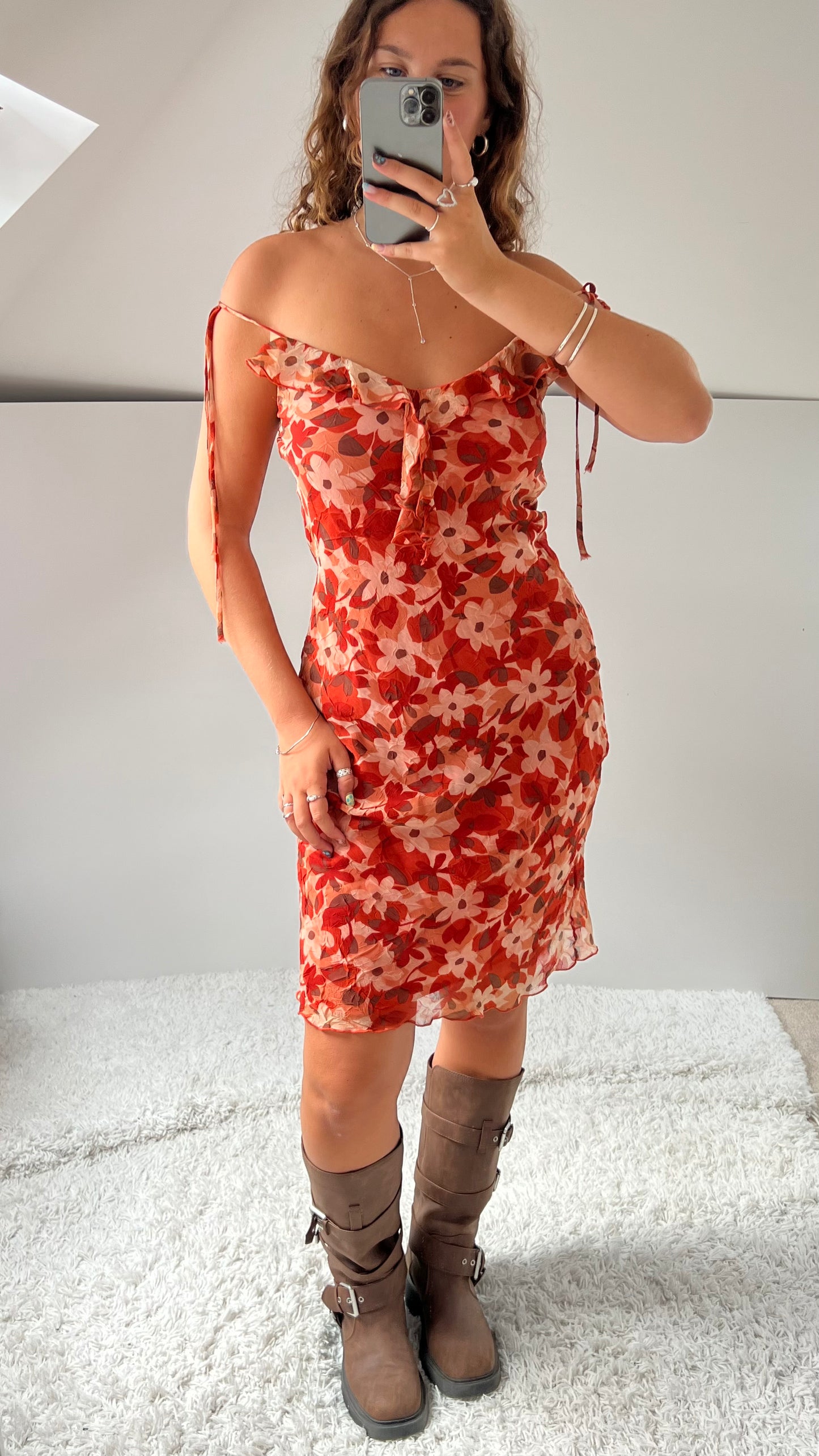 00s red floral midi dress- size M