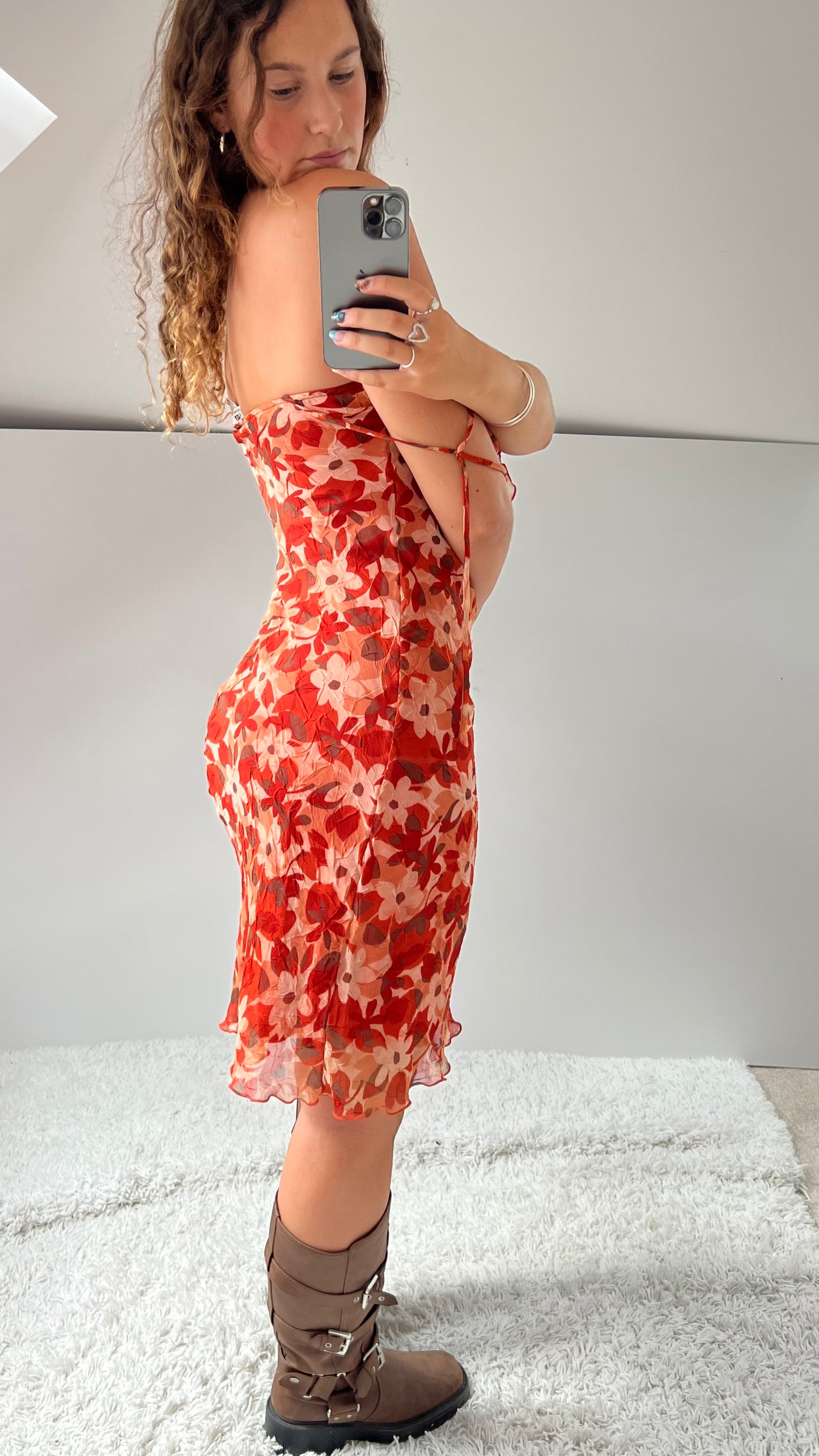 00s red floral midi dress- size M