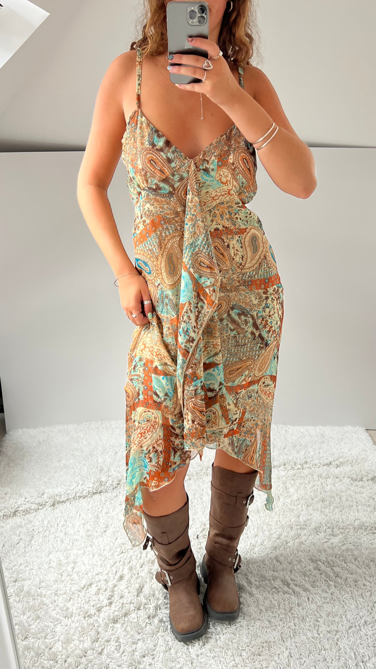 00s orange blue paisley midi dress- size XL