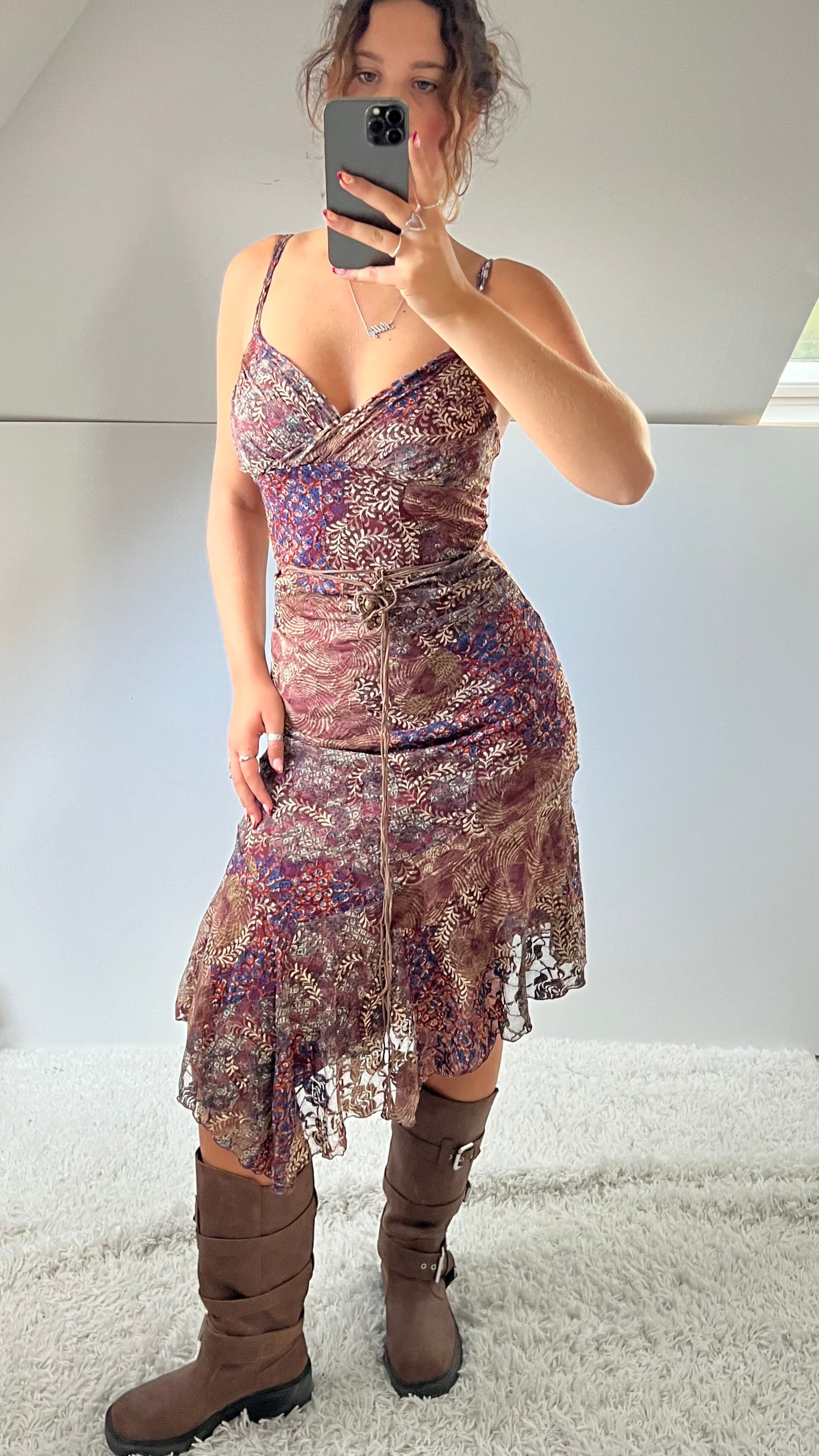 00s pink brown lace midi dress- size S