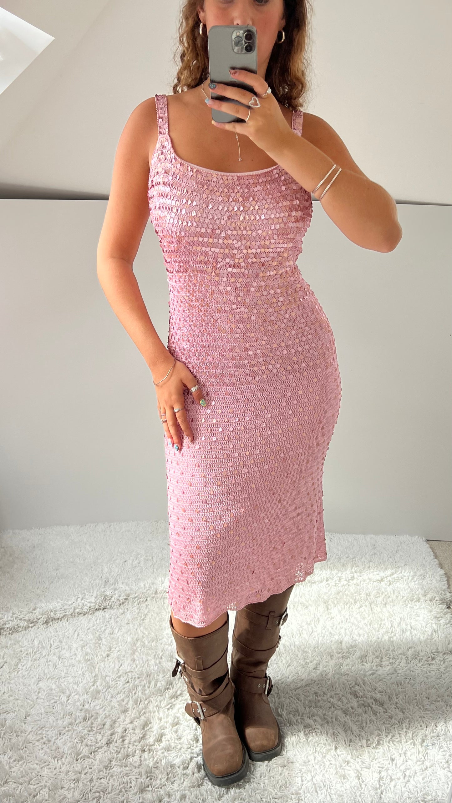 00s pink sequin midi dress set- size M