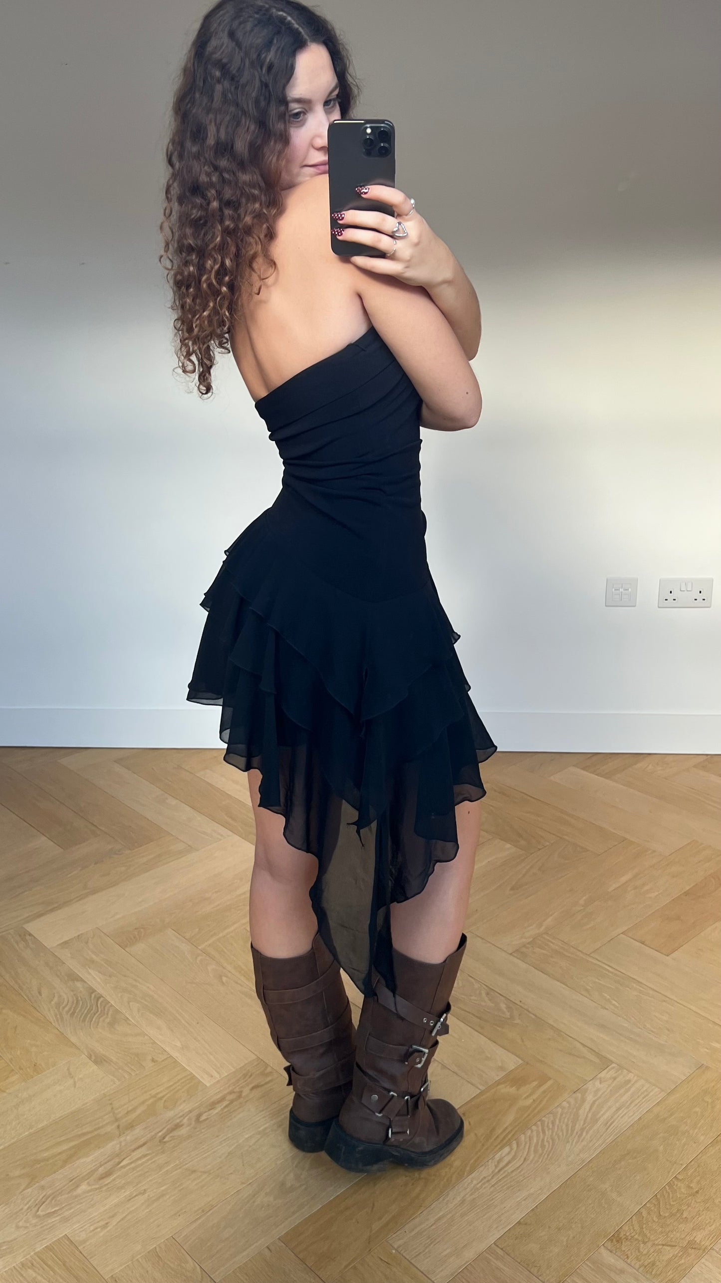 00s black mesh ruffle mini dress- size S