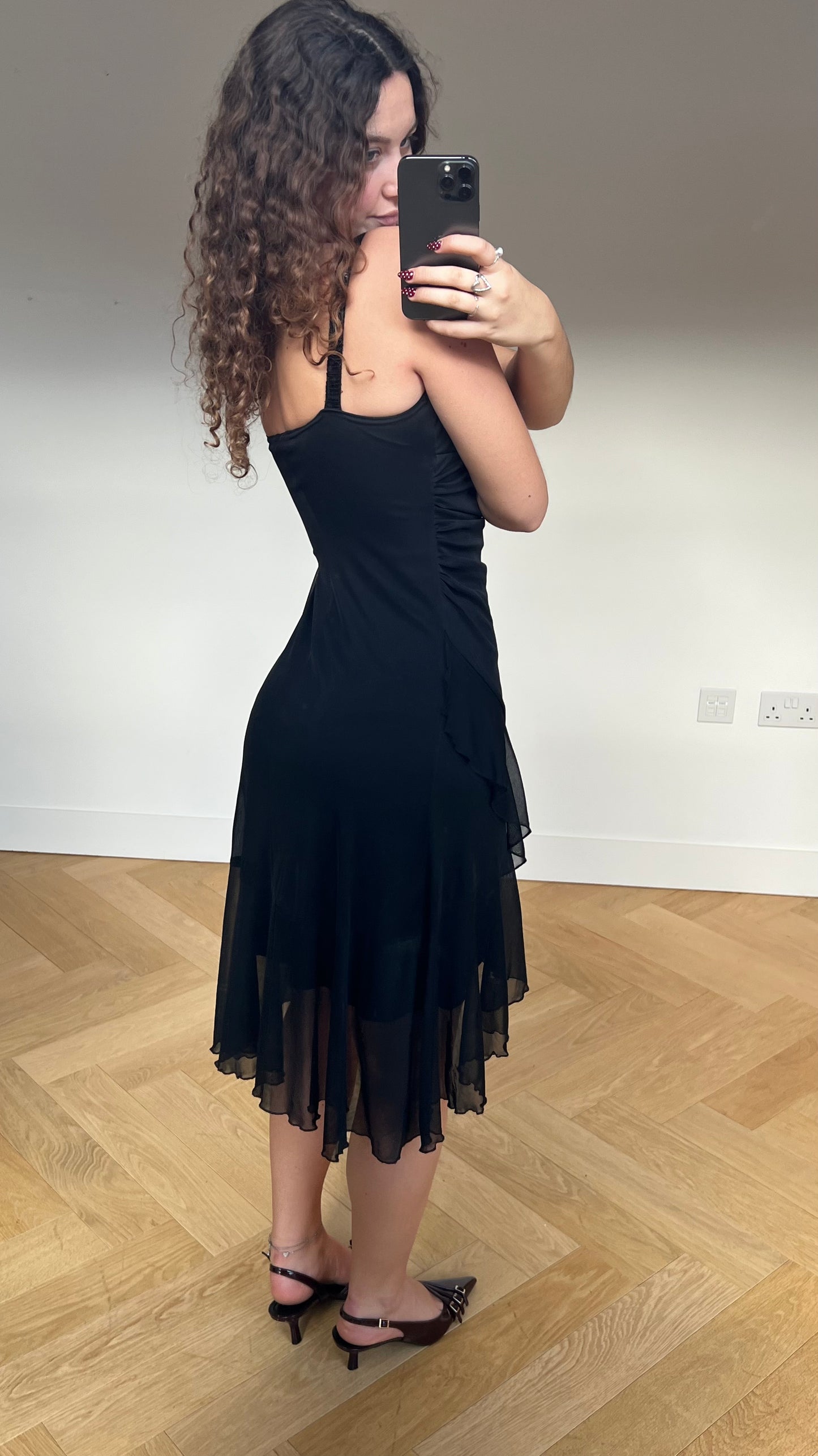 00s black mesh ruffle midi dress- size S