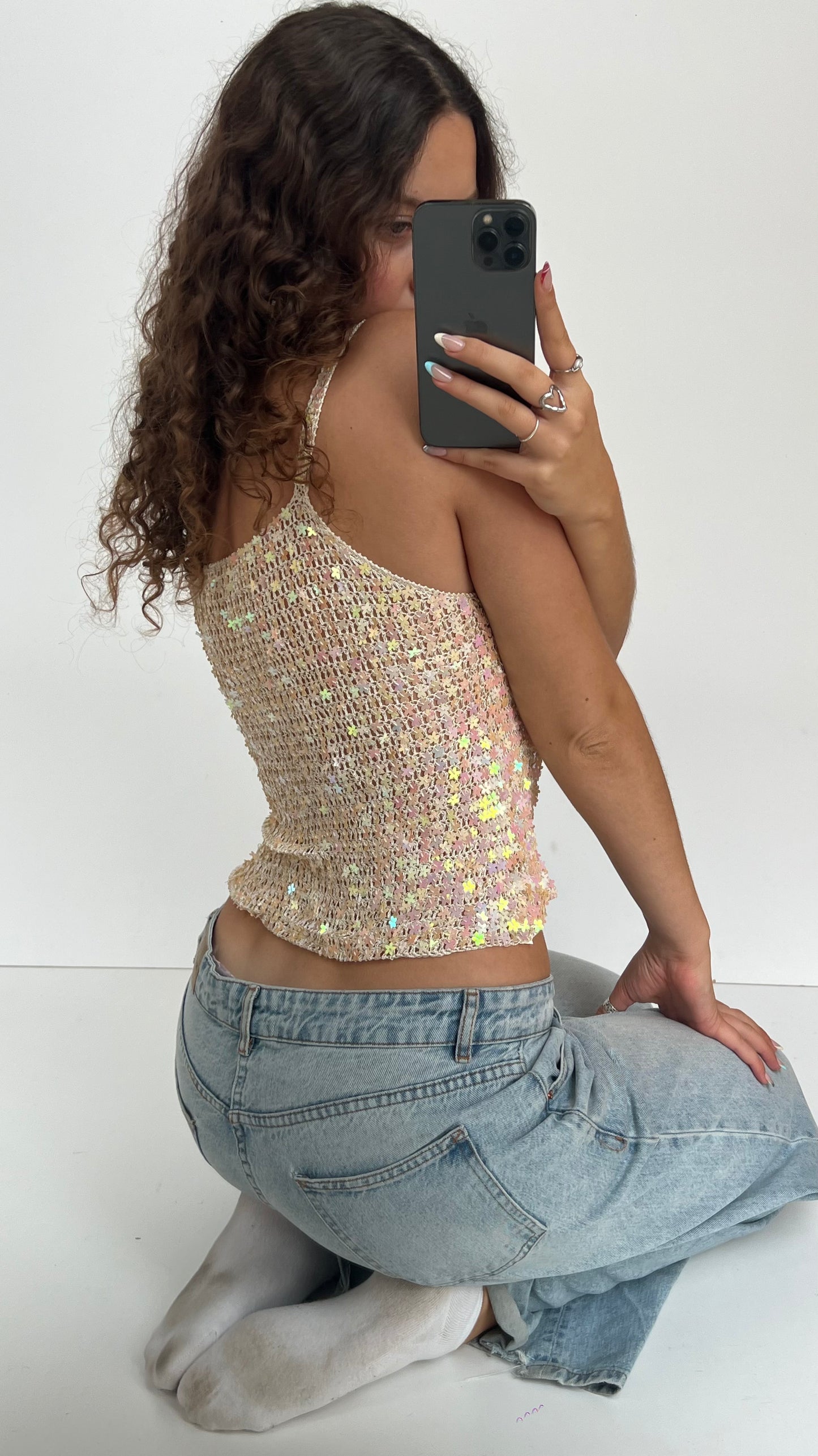 00s white crochet sequin cami- size S