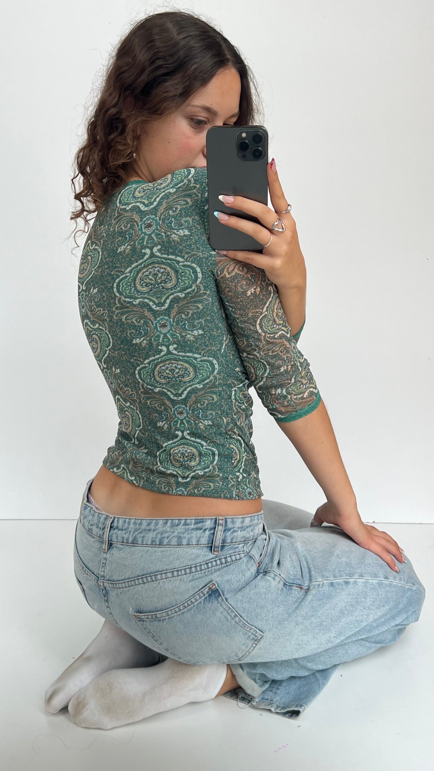 00s blue paisley mesh top- size S/M