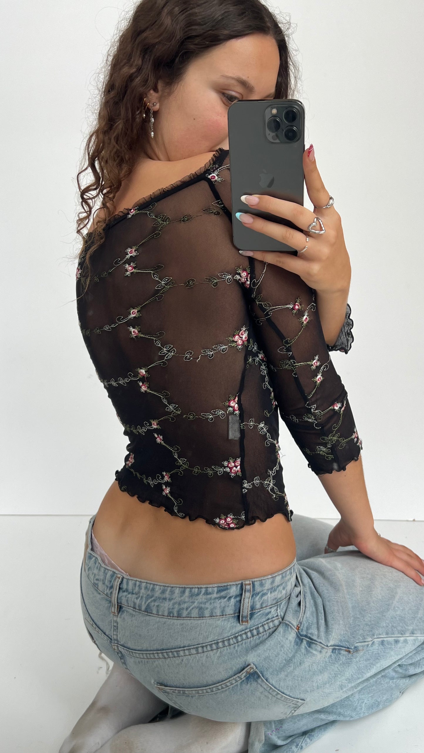 00s black mesh floral top- size XS