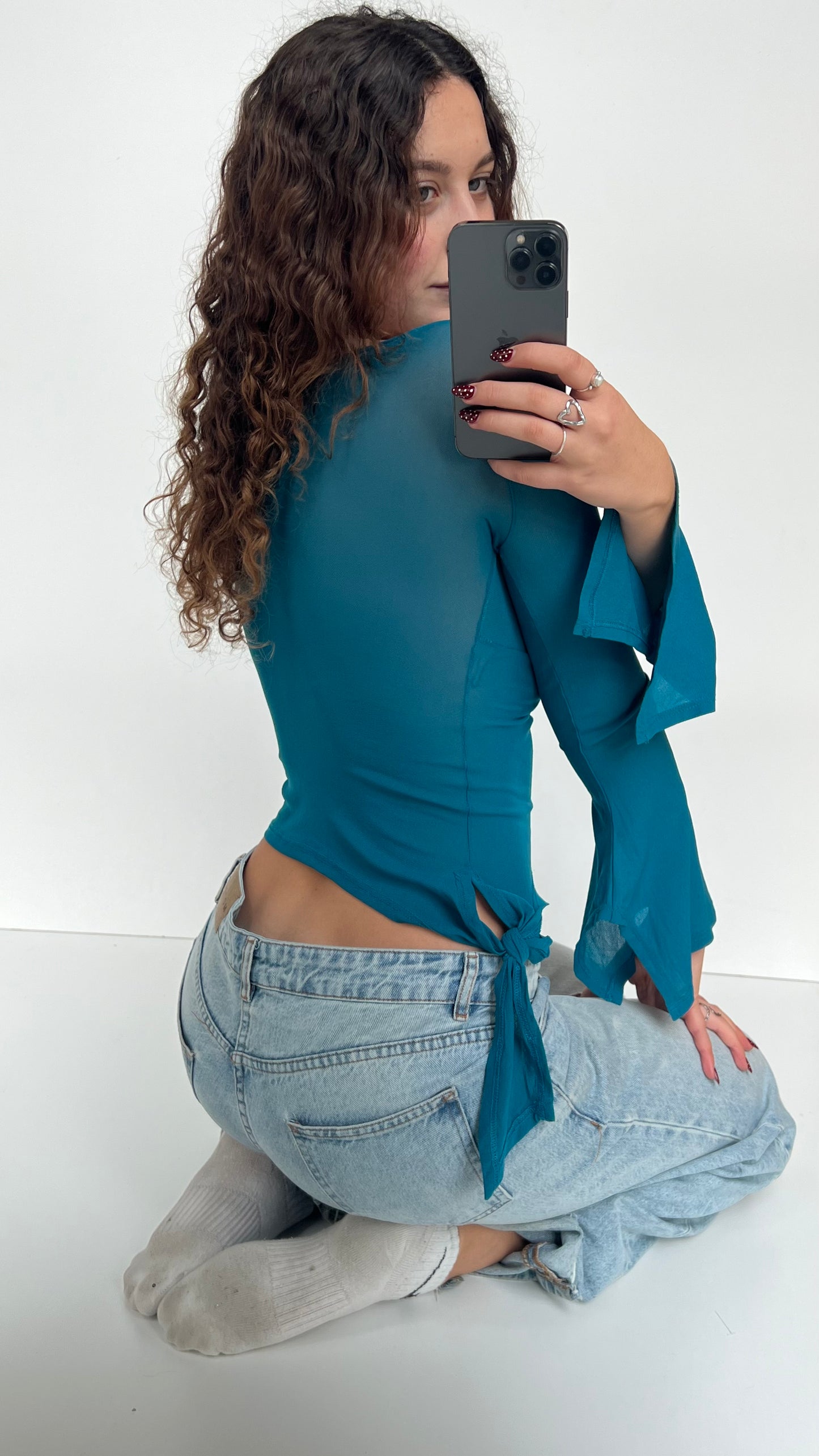 00s blue mesh long sleeve top- size S