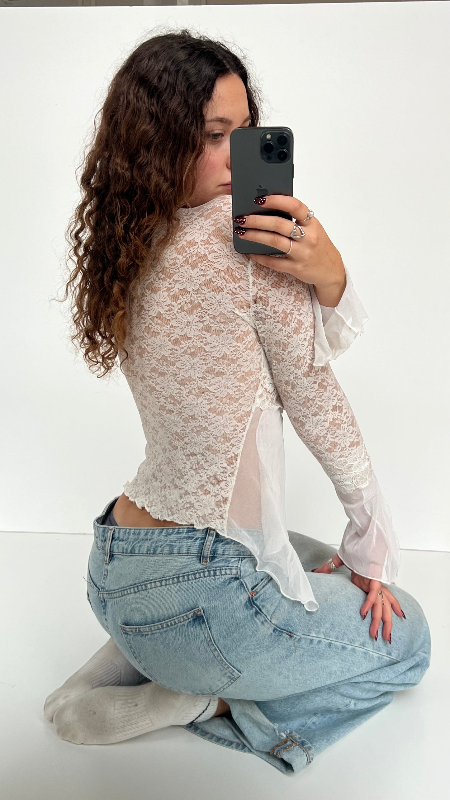 00s white mesh lace top- size S