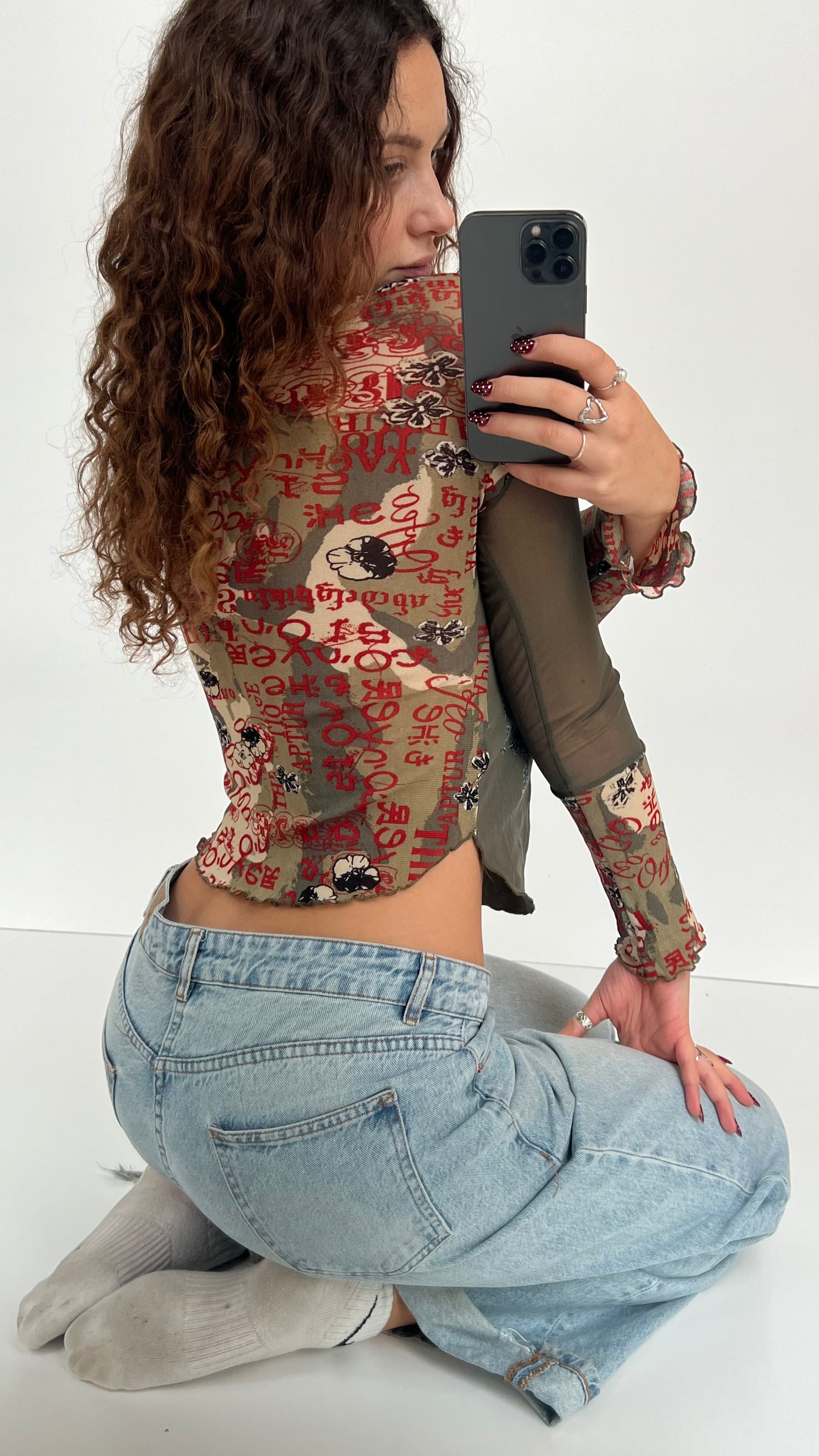 00s khaki mesh long sleeve top- size S