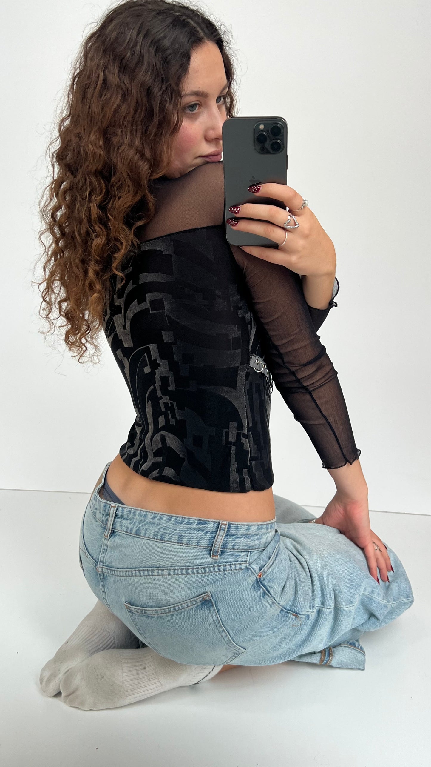 00s black mesh long sleeve top- size S