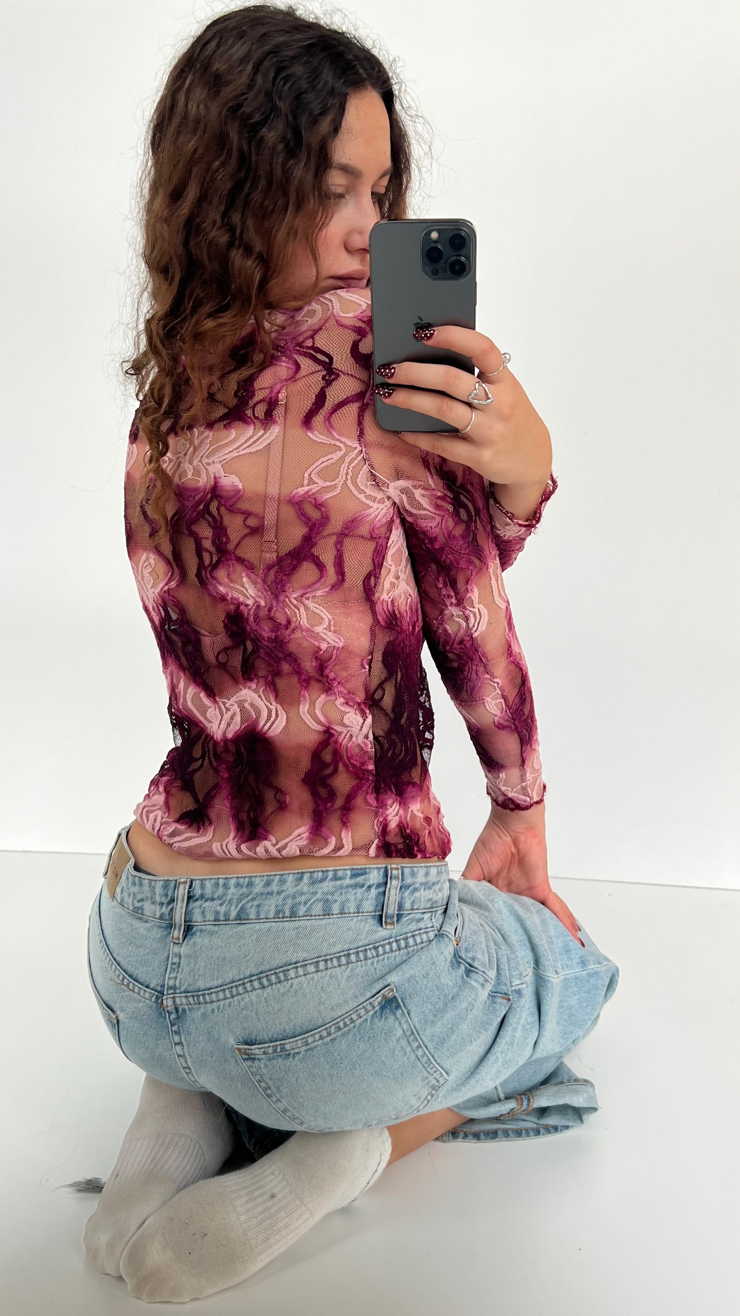 00s pink lace long sleeve top- size S