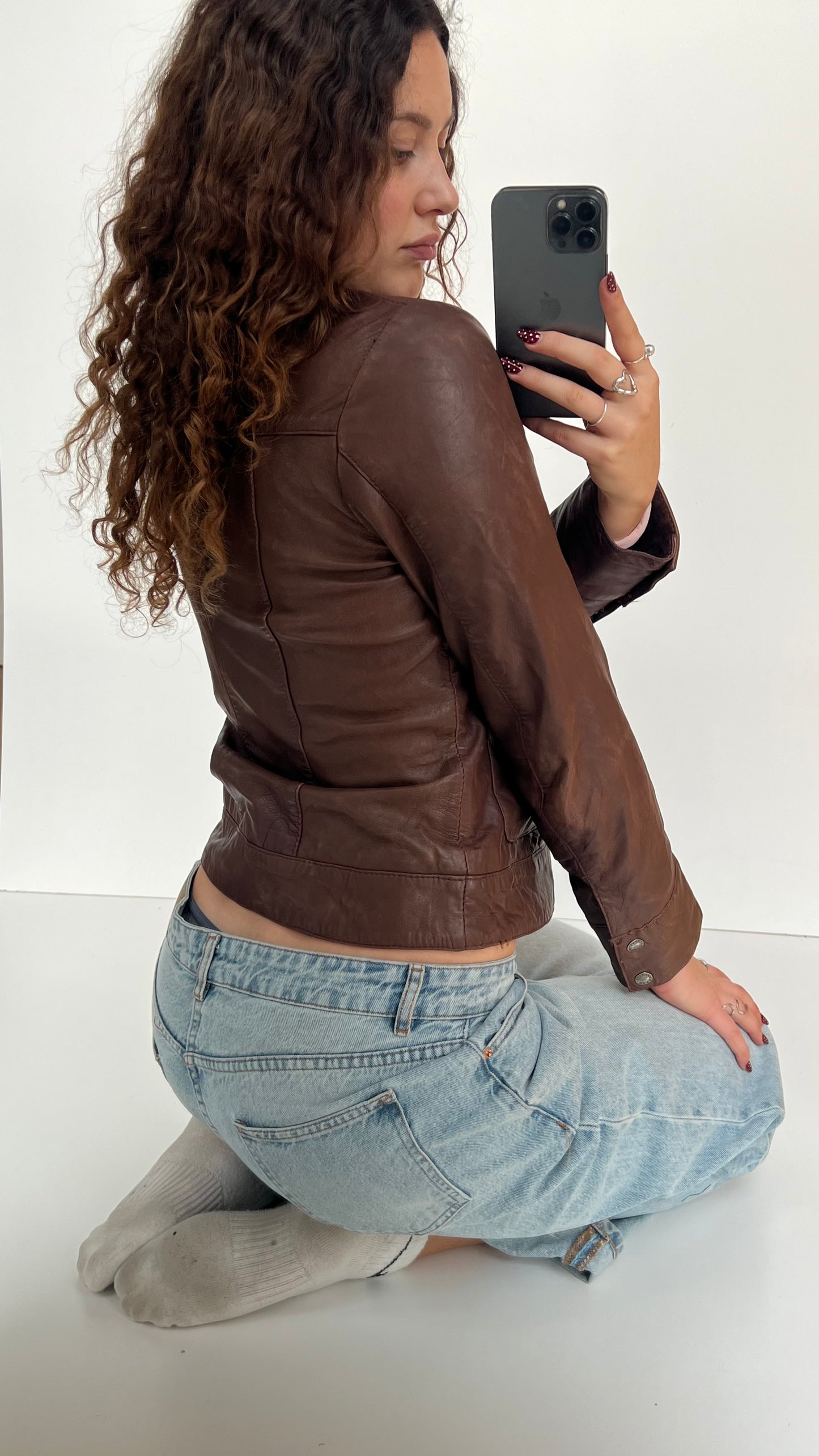 00s brown leather jacket- size M
