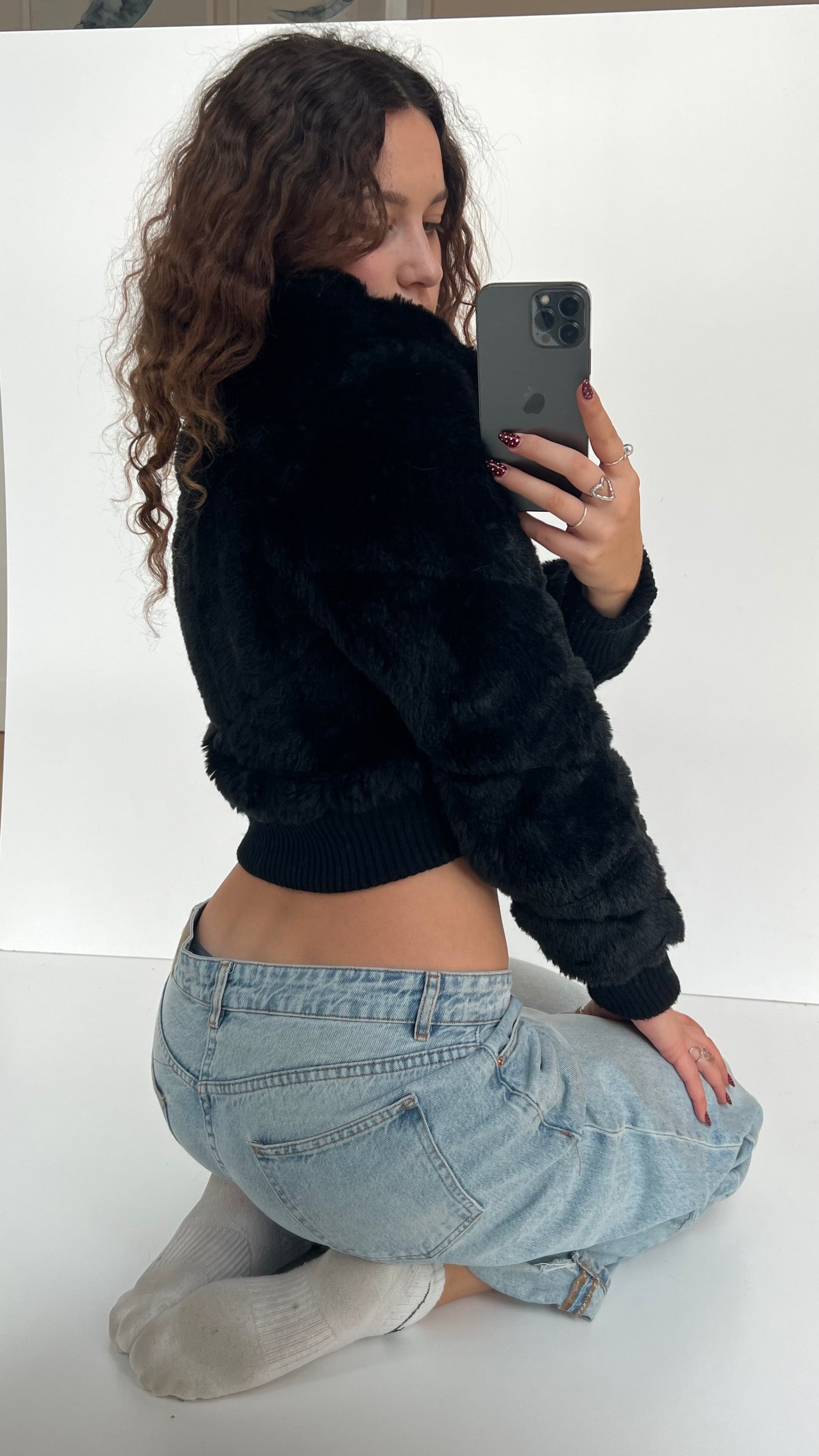 00s black cropped fur jacket- size XS