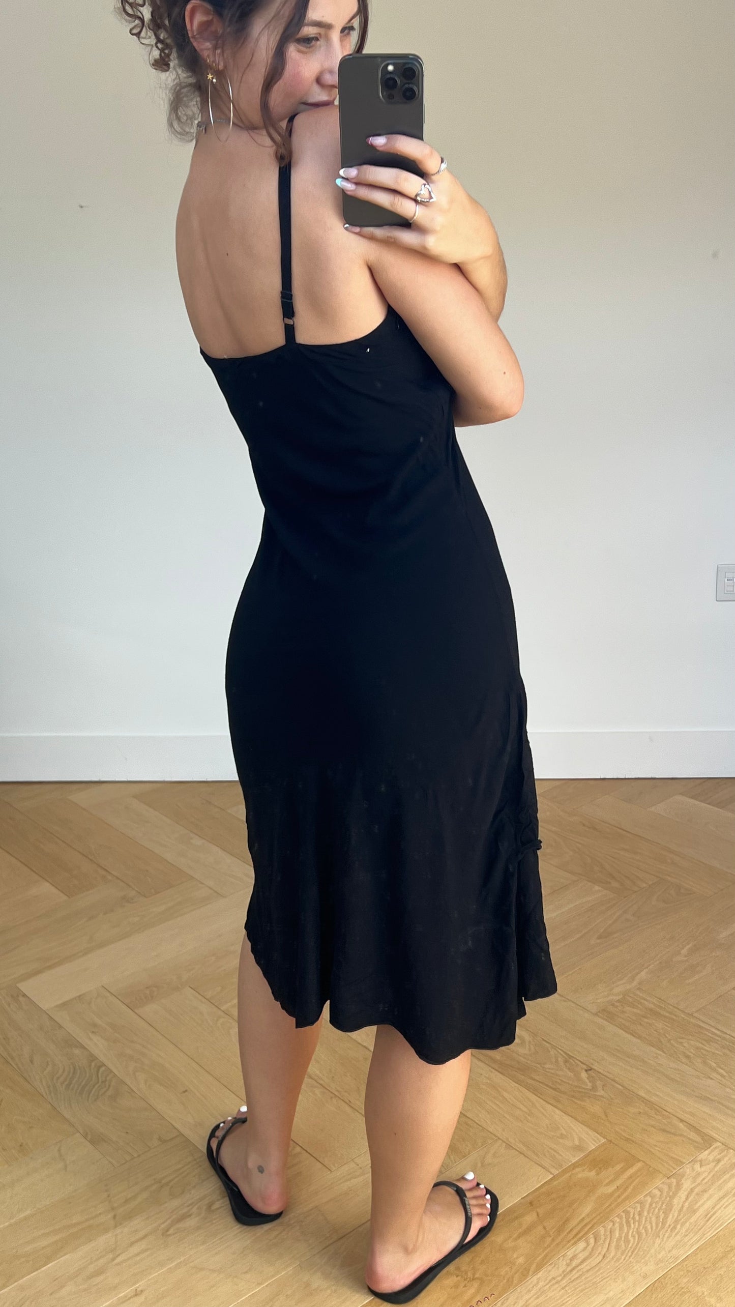 00s black asymmetric midi dress- size L