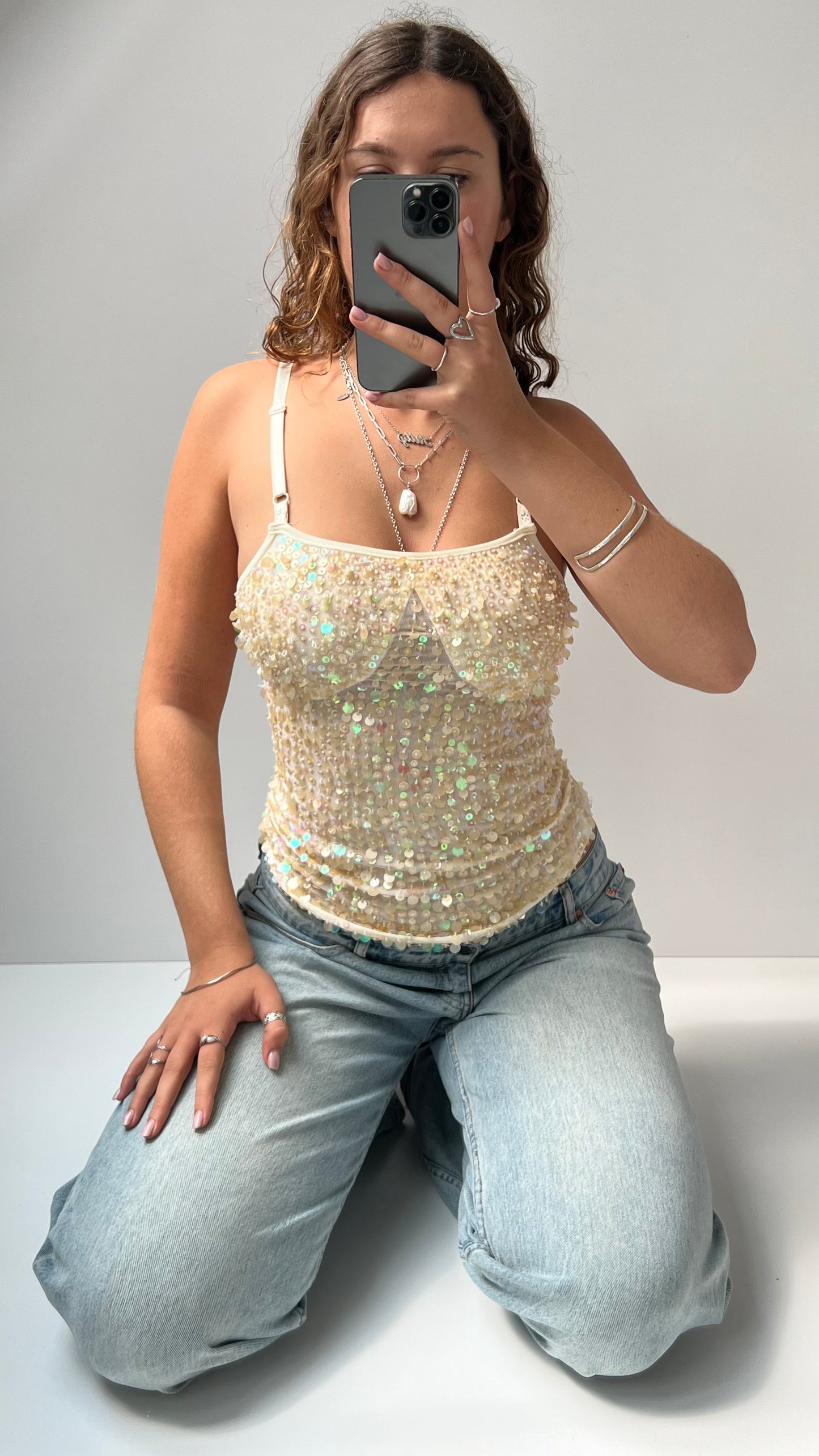 00s cream sequin beaded cami- size S